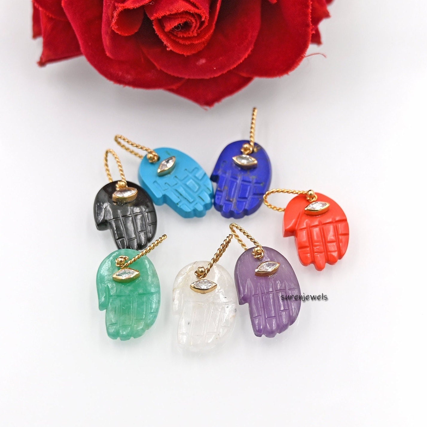 14K Gold Gemstone Figa Hand Pendant: Hamsa Hand Charm - Suren Jewels | SKU: SJP1023-SLYGLPZWT-21M