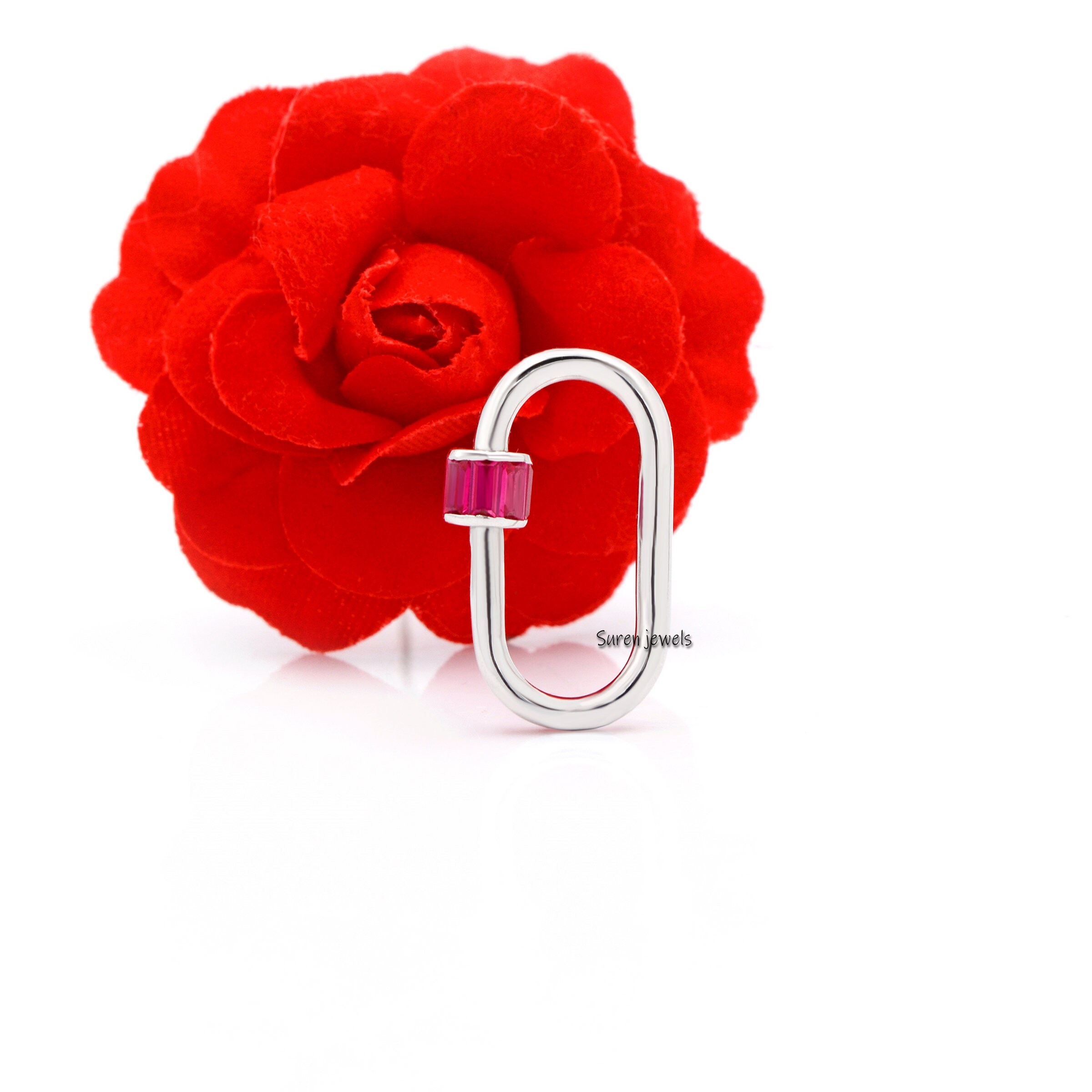 925 Silver Carabiner Lock with Pink Sapphire Baguettes - View 6 - Suren Jewels | SKU: SJC22-SLYGBTTCZP-16M-925