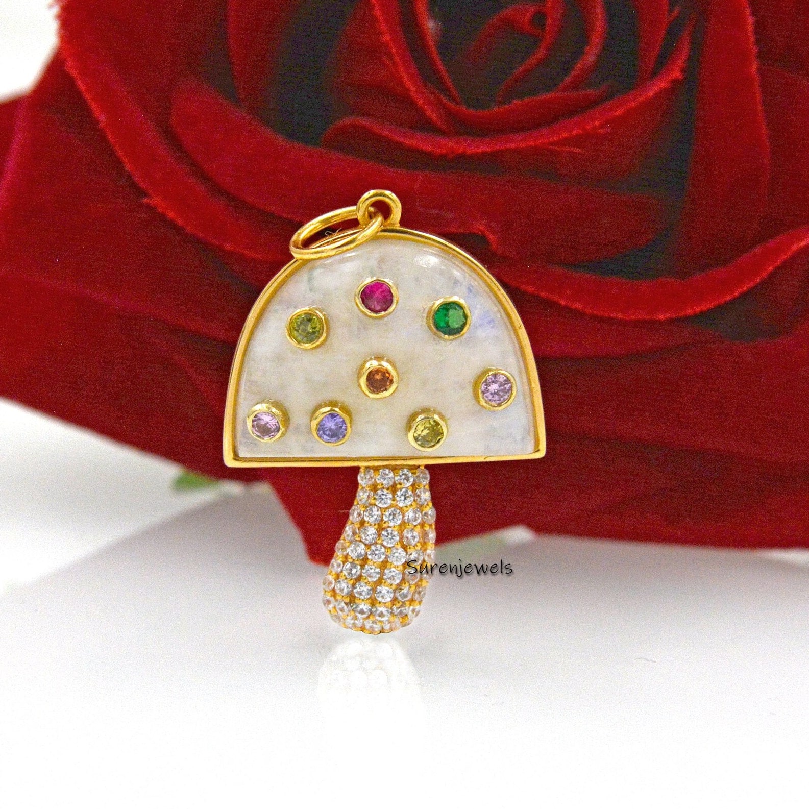 Handmade 14K Moonstone Mushroom Pendant with Multi Gemstones - Suren Jewels | SKU: MJM39-SLYGMSCZMTCS