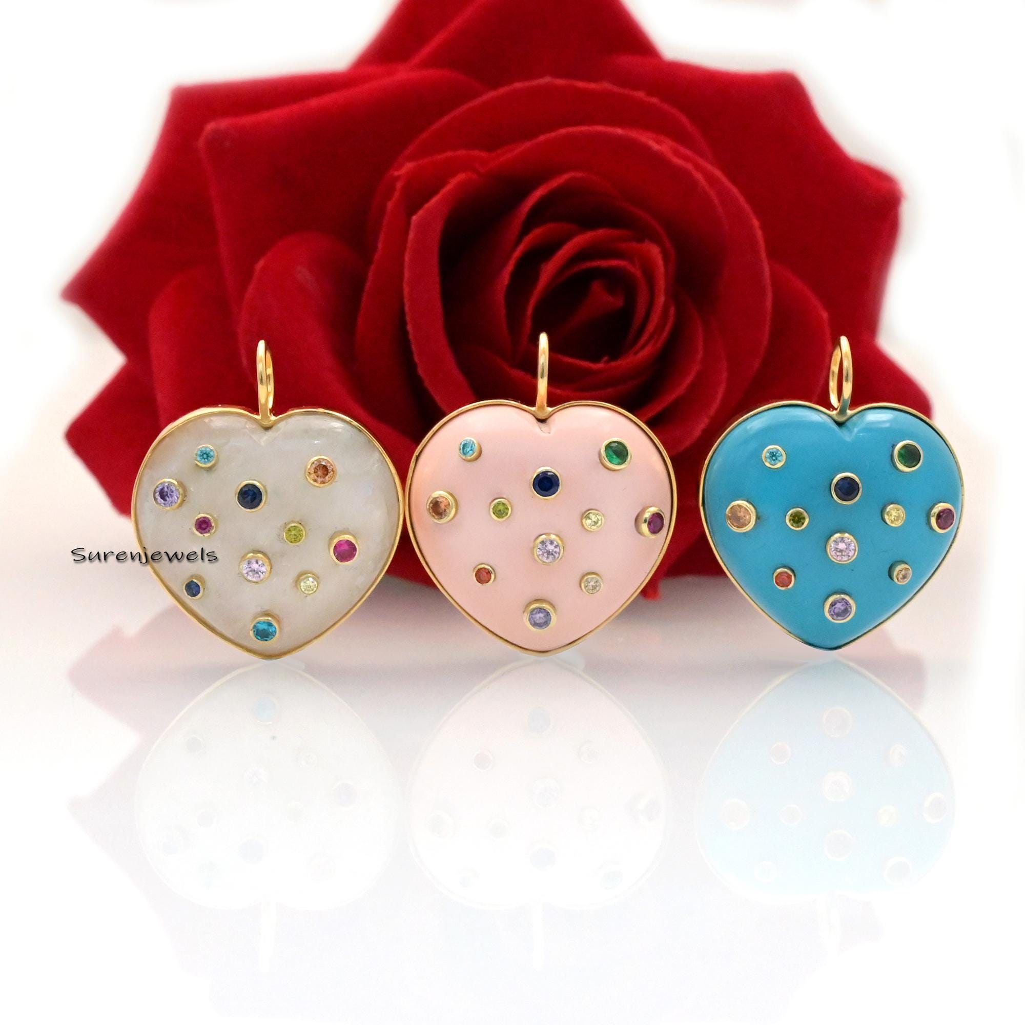Hand Carved MOP Heart Pendant: Multi Gemstone Inlay (25 MM) - View 4 - Suren Jewels | SKU: SJP1405-SLYGCRMN