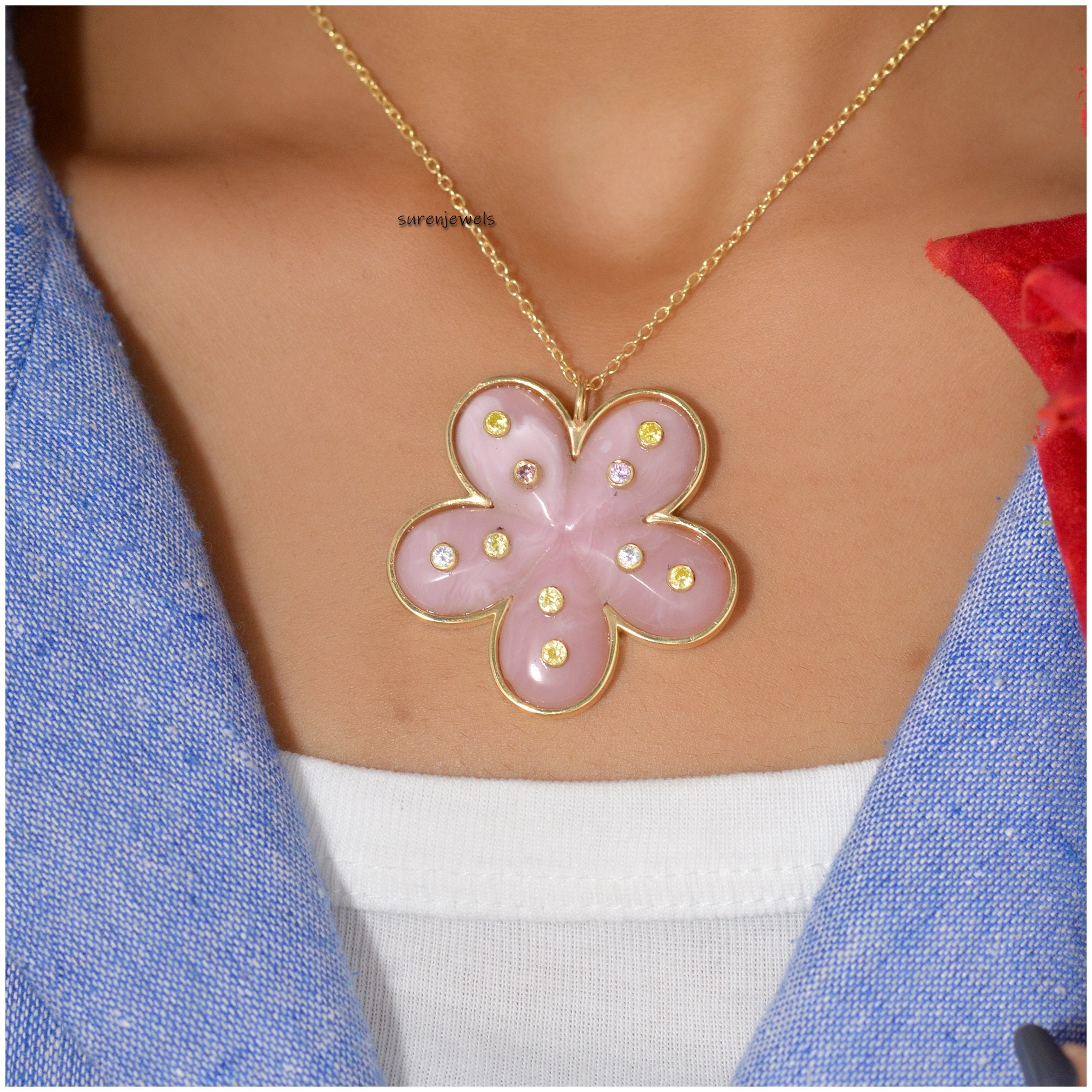 14K Gold Flower Pendant: Hand Carved Gemstone Summer Jewelry - View 5 - Suren Jewels | SKU: SJP1436-SLYGPOPMTCS-40M