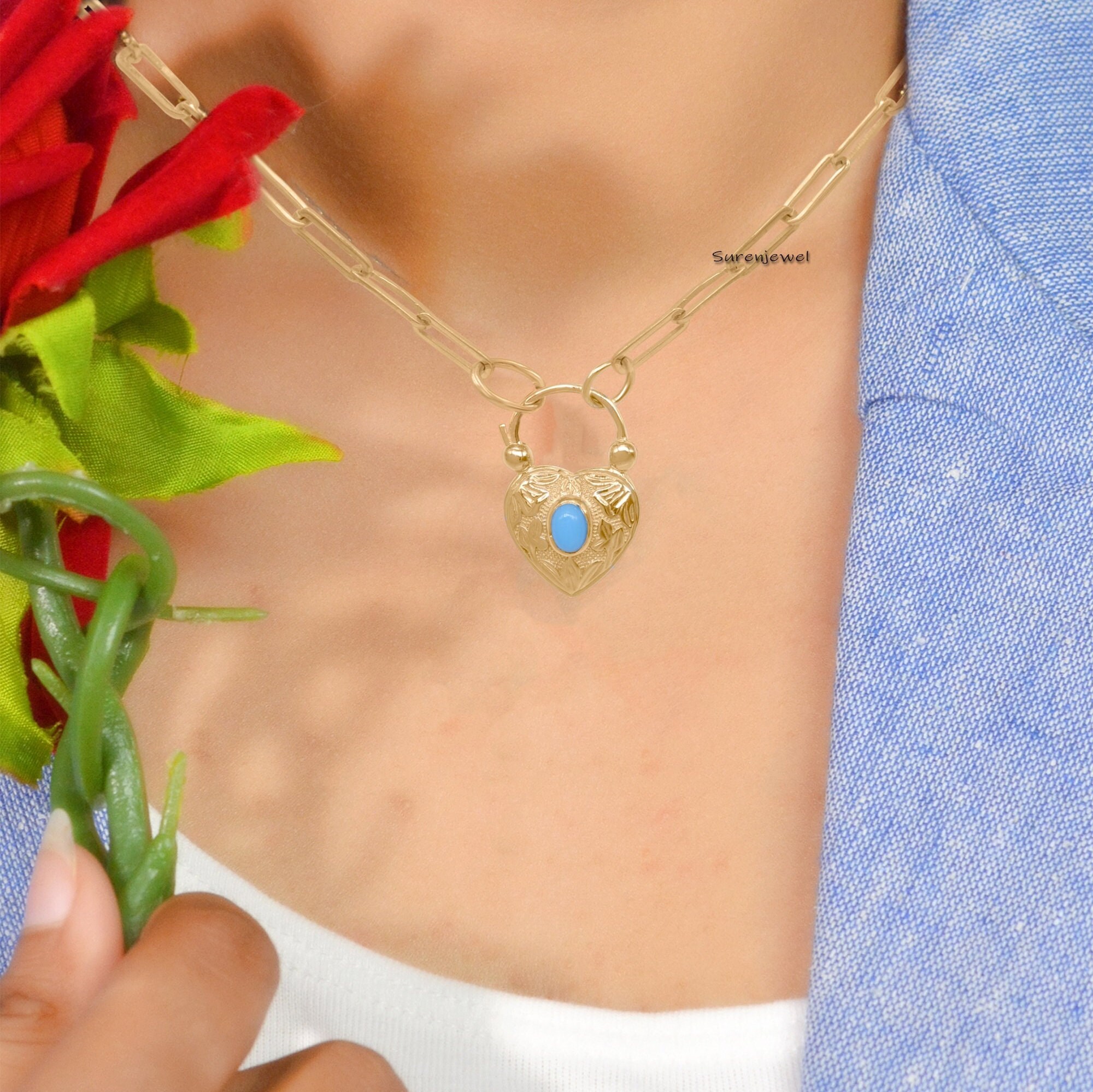 14k Gold Turquoise Heart Padlock: Dainty Gemstone Pendant - View 5 - Suren Jewels | SKU: SJP92-14KYGTQ-N47-18I