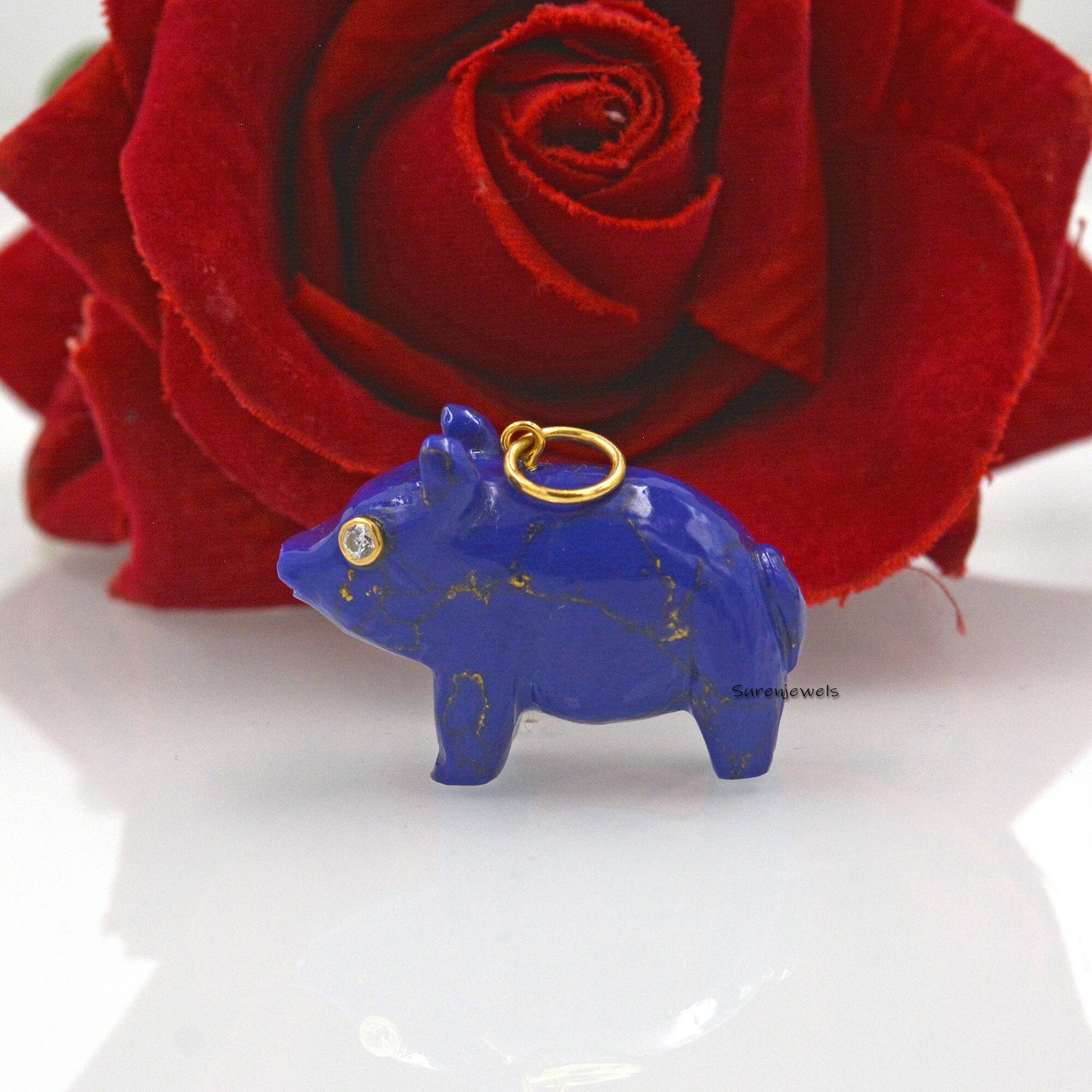 14K Gold Carved Gemstone Pig Pendant, Opal Piggy Charm - View 3 - Suren Jewels | SKU: SJP1164-SLYGRQ