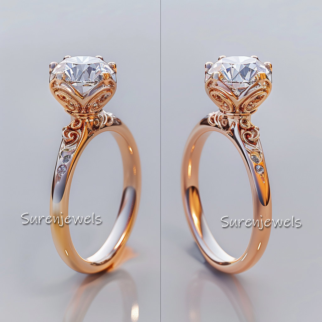 Handmade Solitaire Moissanite Engagement Ring: 14k Gold Floral Band - View 2 - Suren Jewels | SKU: SJR2537