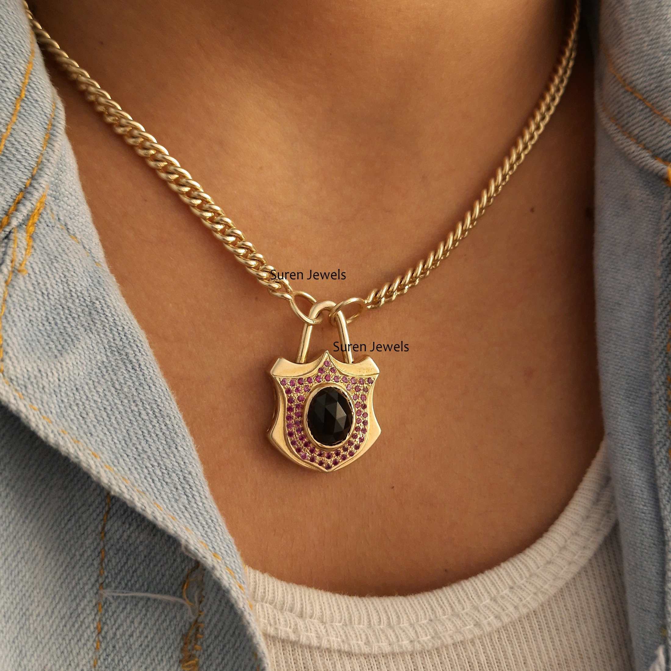 925 Silver Gemstone Padlock Pendant: Openable Designer Vintage Charm - View 3 - Suren Jewels | SKU: SJP70-SLYGPSPBO-N22-18I