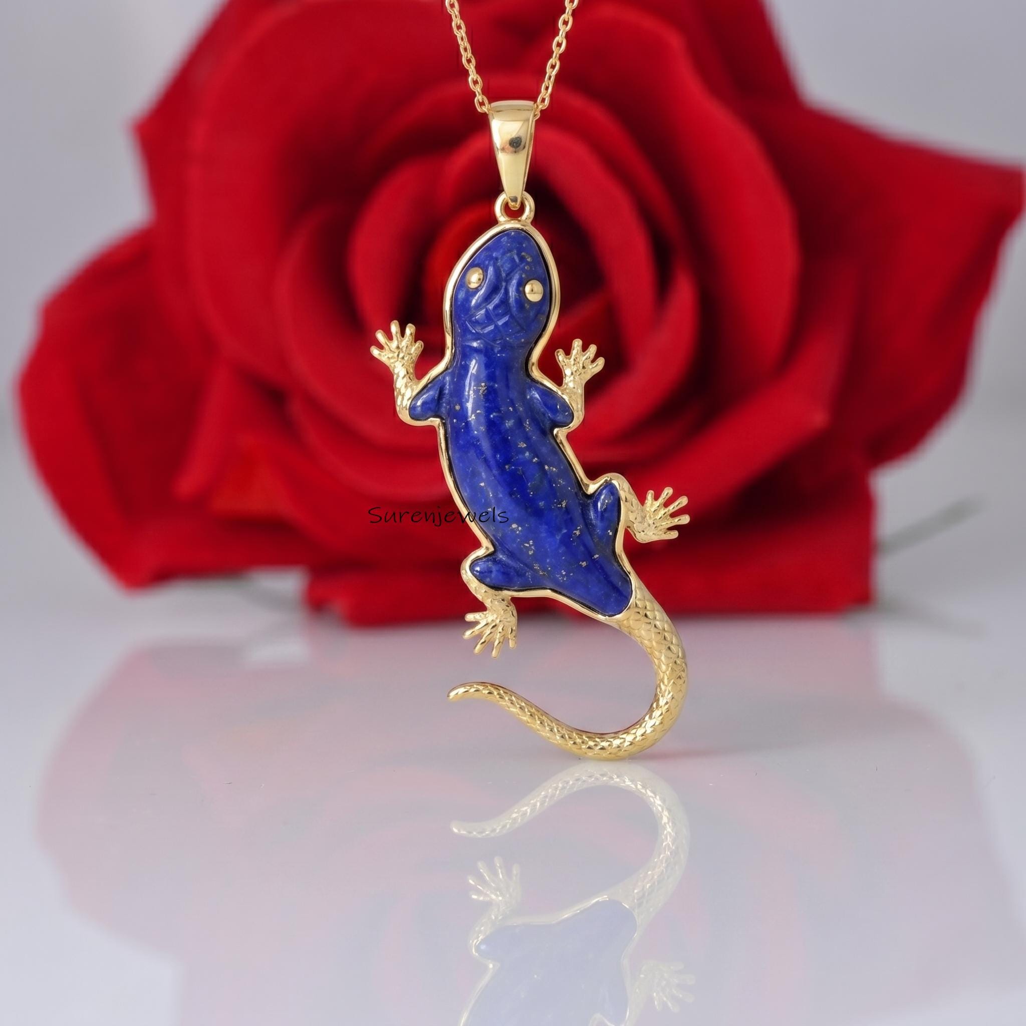 Carved Gemstone 14K Gold Lizard Pendant, handmade Lizard Pendant, Gemstone Lizard Animal Jewelry, Designer Lizard Pendant, L