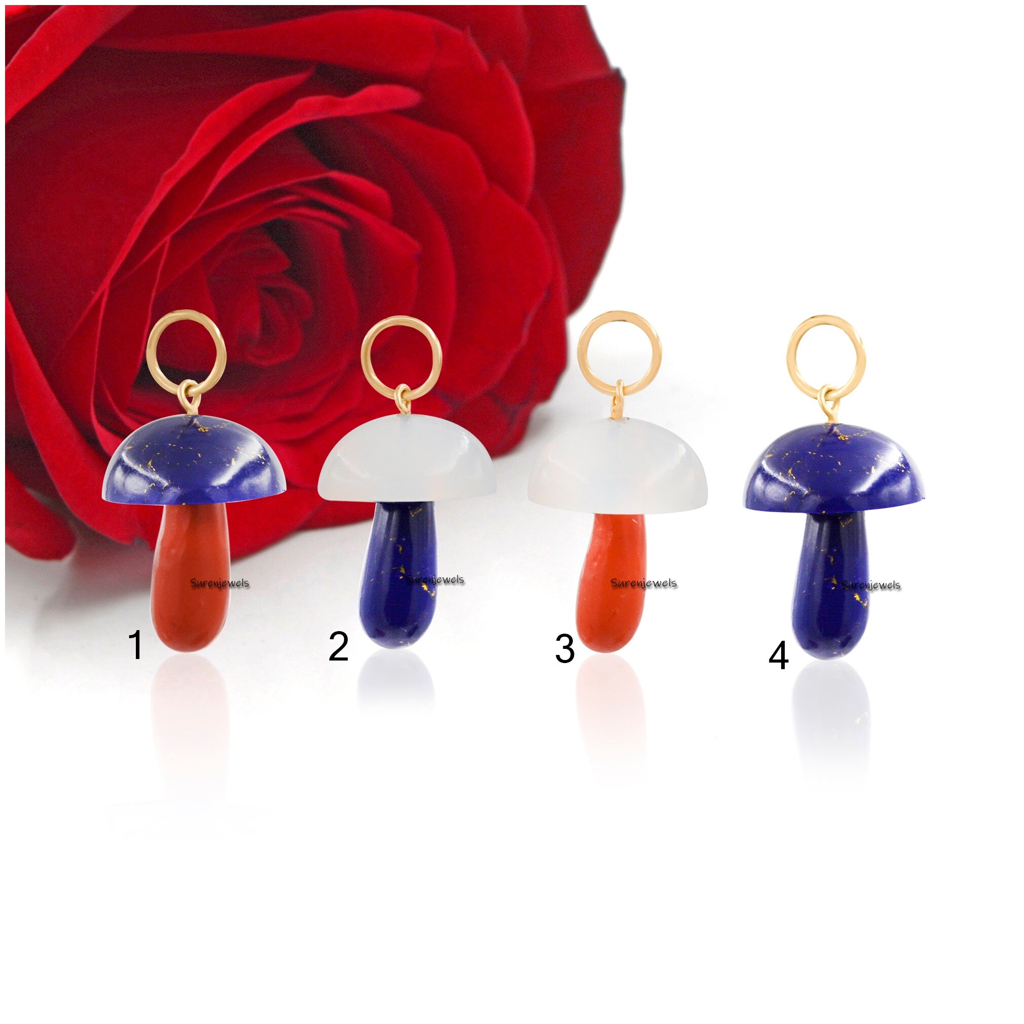 14k Solid Gold Mushroom Pendant: Gemstone Charm Necklace - View 3 - Suren Jewels | SKU: SJP1382