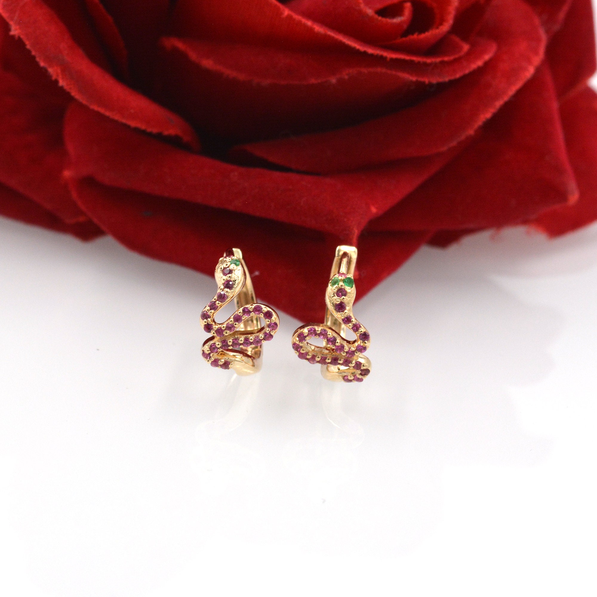 925 Silver Snake Huggies: Diamond & Emerald Gemstone Hoops - View 7 - Suren Jewels | SKU: SJE998-9KYGCZEM-15M