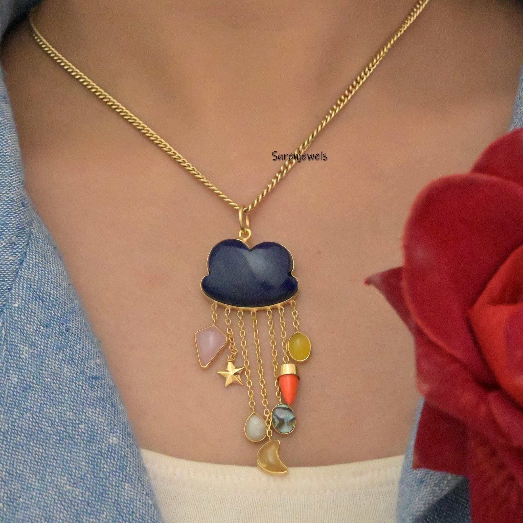 14K Gold Gemstone Cloud Pendant: Dainty Rain Charm
