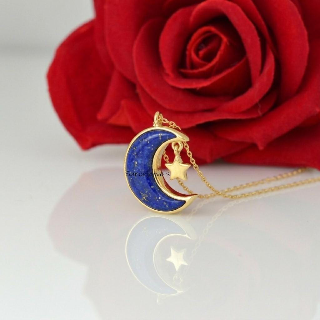 Lapis Lazuli Star Moon Pendant, Gemstone Star Moon Pendant, Moissanite Moon Star Pendant, 925 Silver Moon Star Gemstone Star
