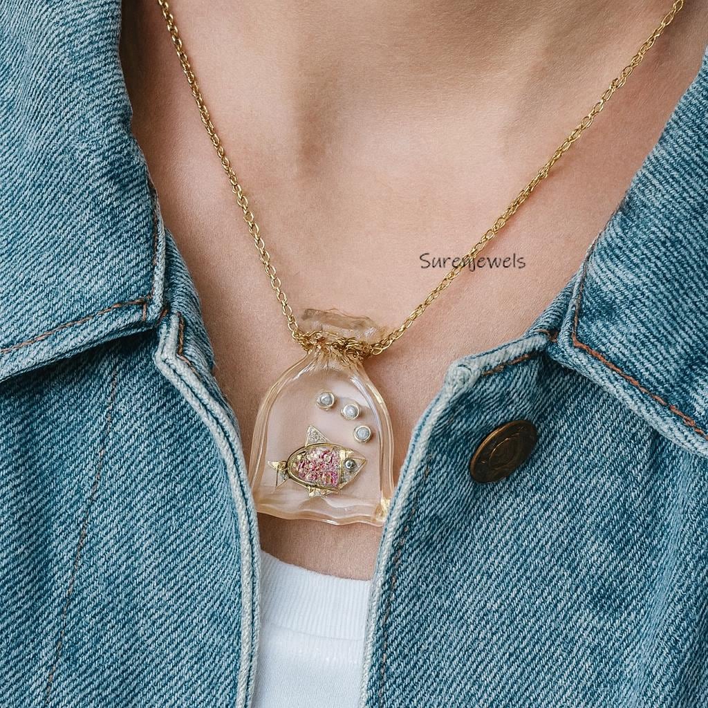 Gold Fish In A Bag Resin Necklace, Whimsical Aquarium Jewelry, Unique Statement Pendant, Funky Gold Fish Charm Necklace for H