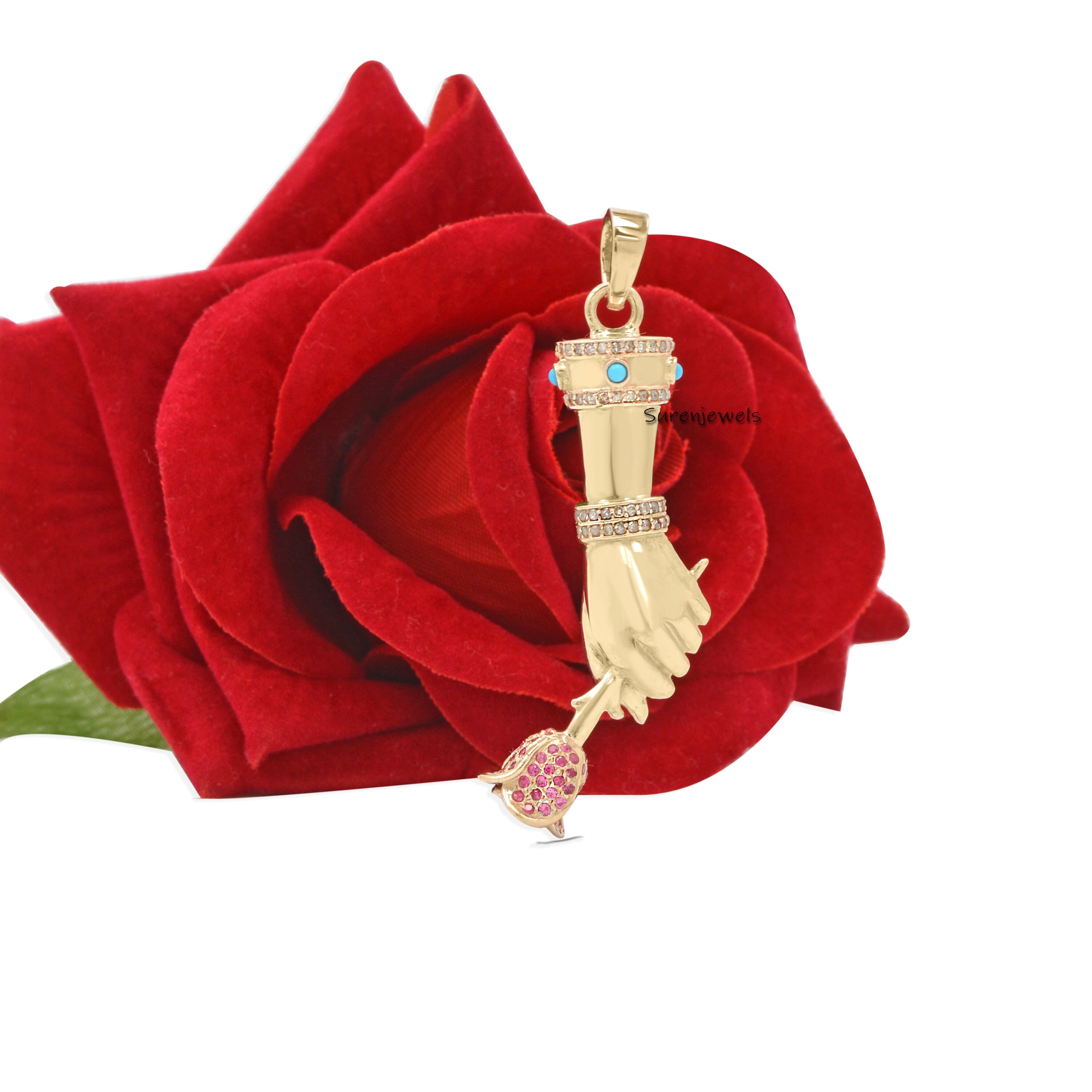 925 Silver Figa Pendant: Diamond, Ruby & Turquoise Gemstone Charm - View 6 - Suren Jewels | SKU: SJP24-SLYGDITQRU-N41-18I