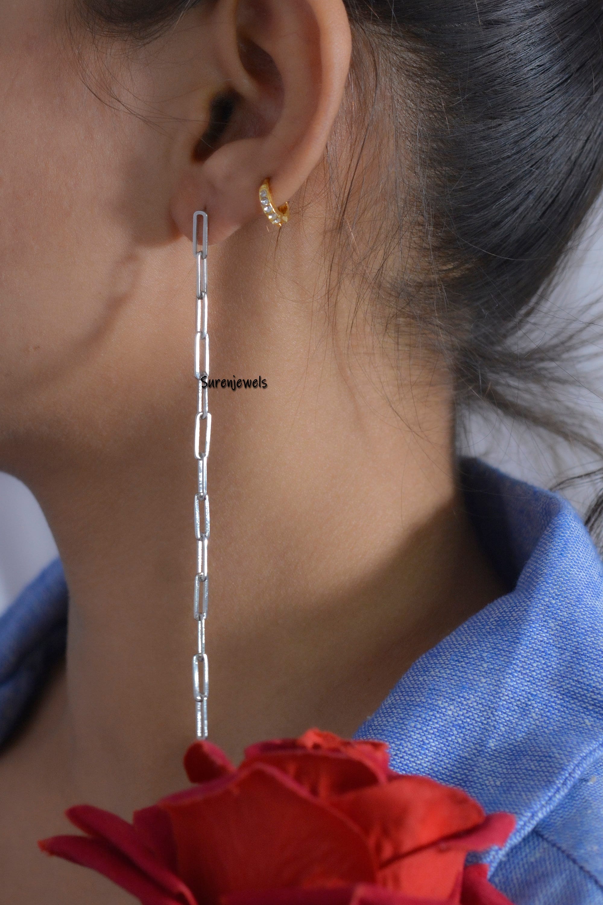 Silver Paperclip Chain Earrings, Silver Link Chain Earrings, Paperclip Chain Earrings, Silver Chain Earrings - Suren Jewels |