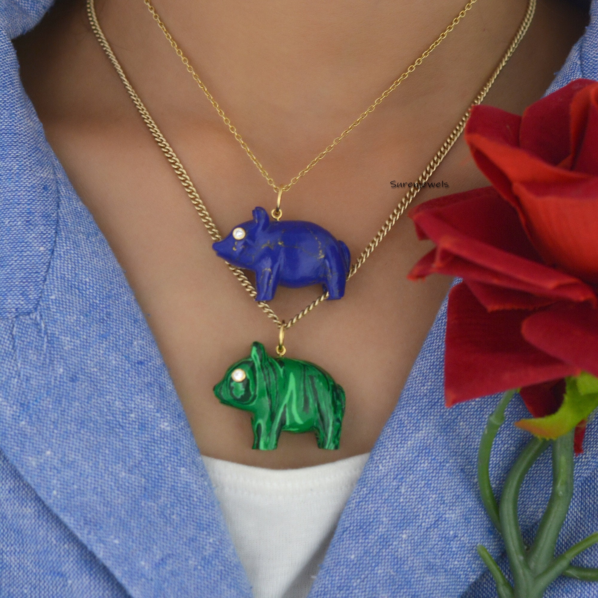 14K Gold Carved Gemstone Pig Pendant, Opal Piggy Charm - View 6 - Suren Jewels | SKU: SJP1164-SLYGRQ