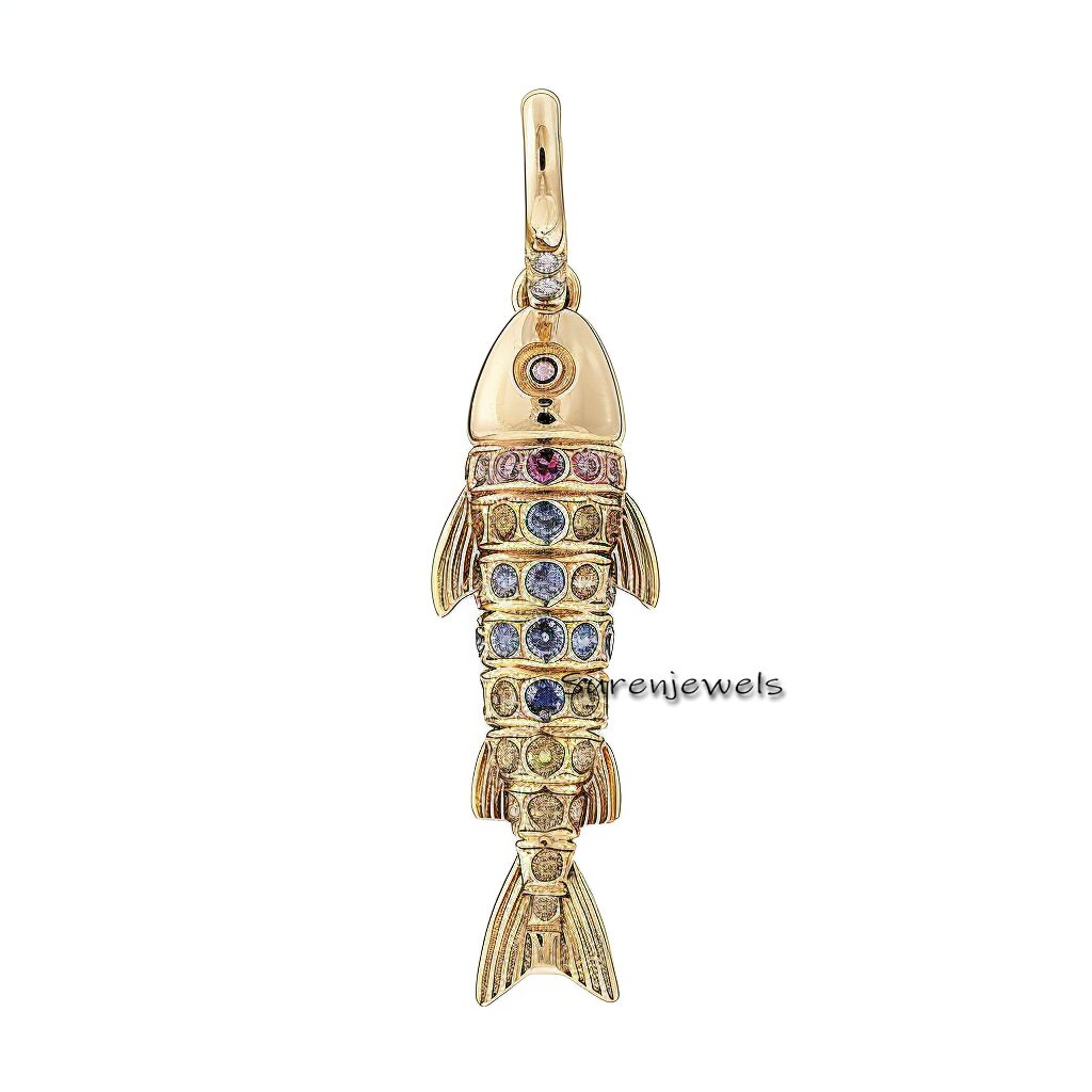 14K Gold Moveable Fish Pendant: Multi Gemstone 3D Charm - View 5 - Suren Jewels | SKU: SJP3342