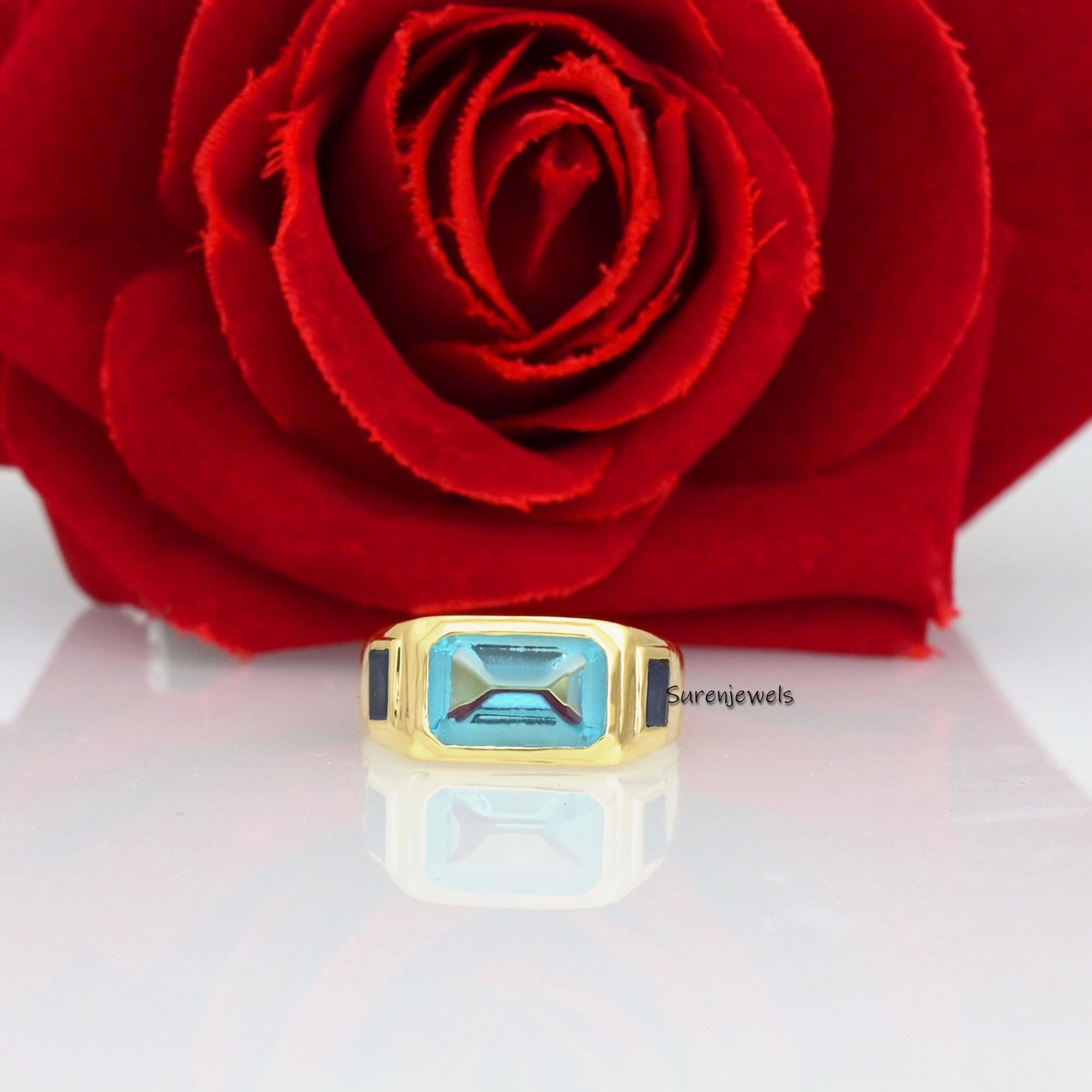 14k Gold Signet Ring: Aqua Quartz & Blue Sapphire Gemstone - View 2 - Suren Jewels | SKU: SJR899 -14KYBSPAQ-US-4
