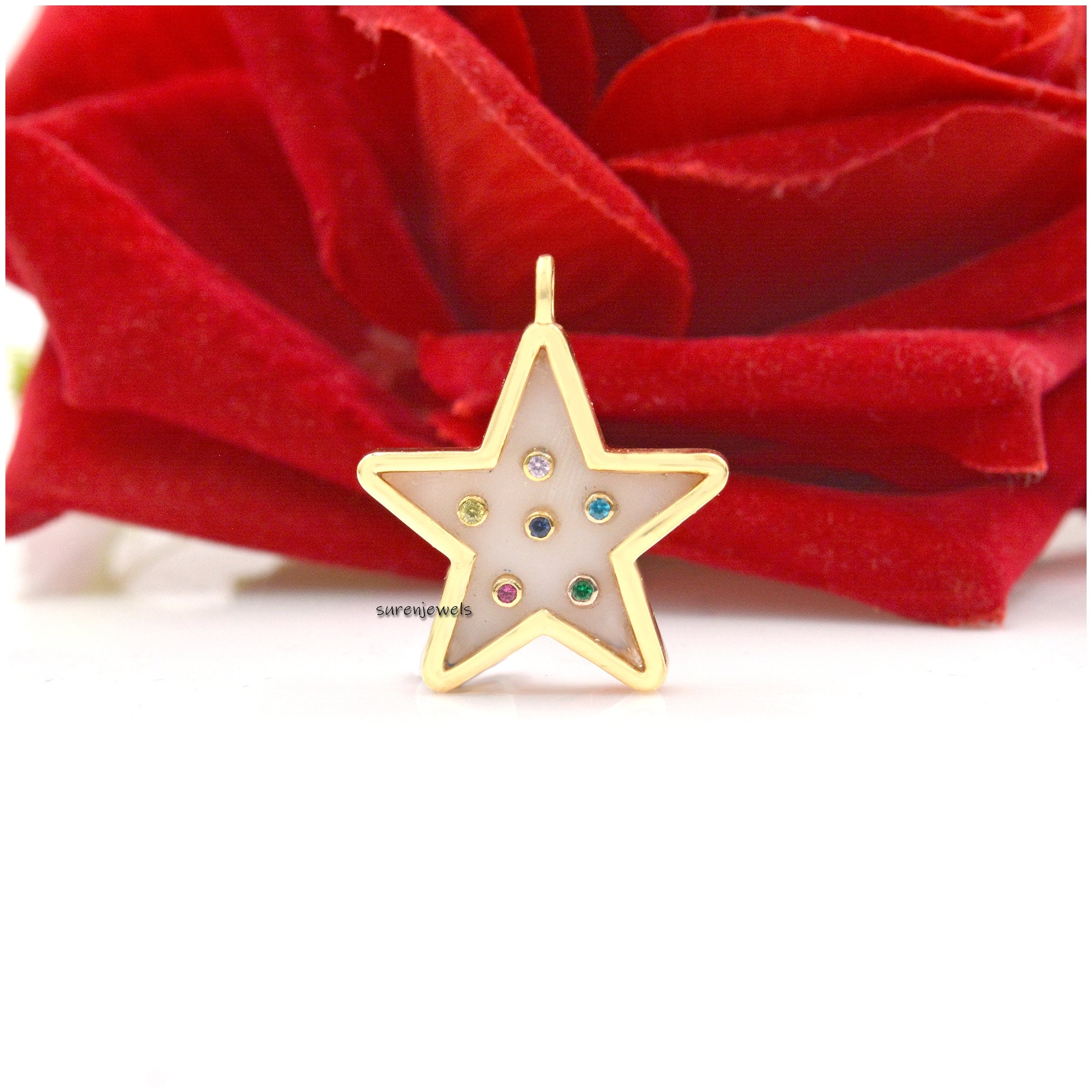 14k Gold Carved Multi Gemstone Star Pendant: Malachite, Lapis, Turquoise - View 3 - Suren Jewels | SKU: SJp1303