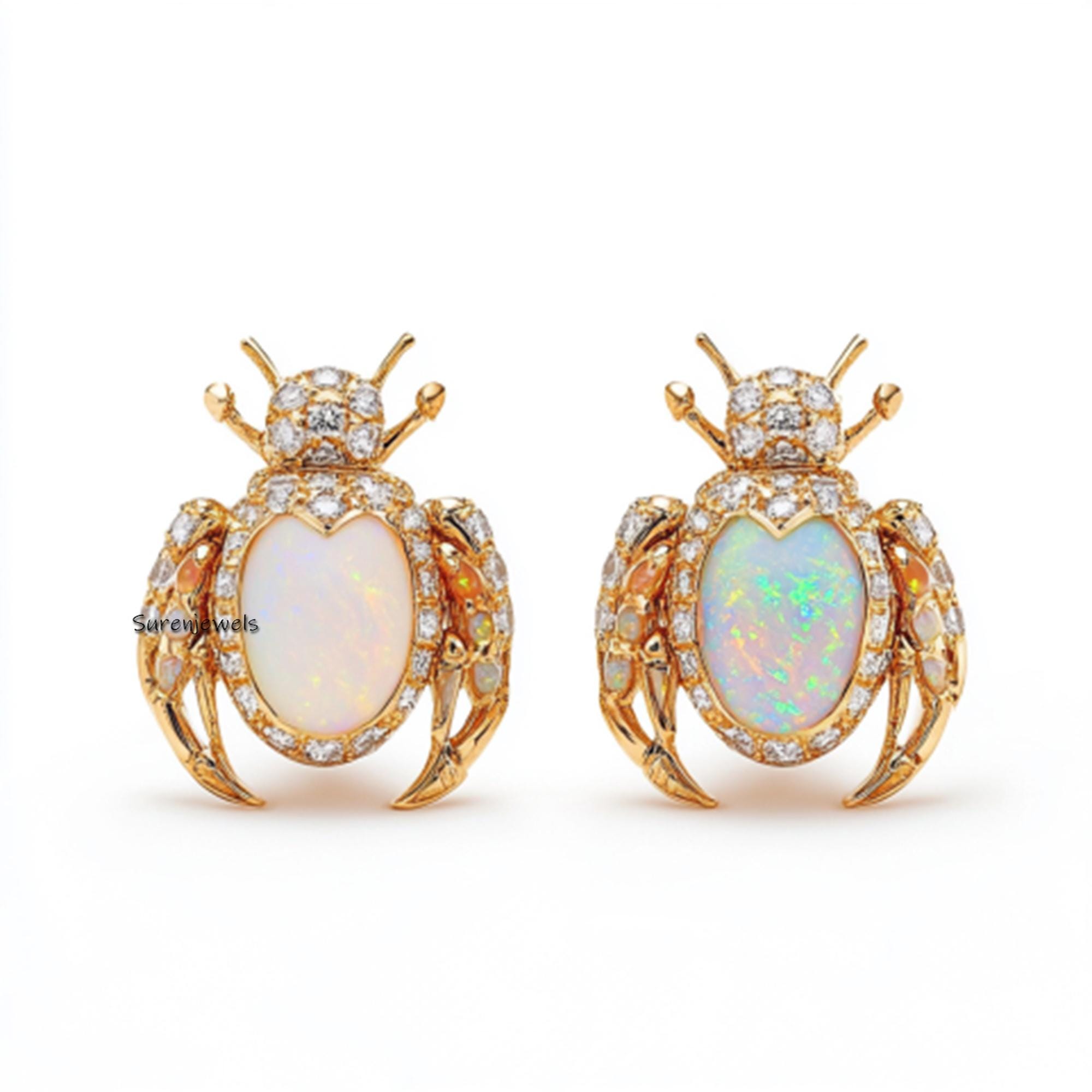 14k Gold Hand Carved Egyptian Beetle Earrings - View 2 - Suren Jewels | SKU: SJE,SJE2545-SLYGMKCZBKCZ-15M