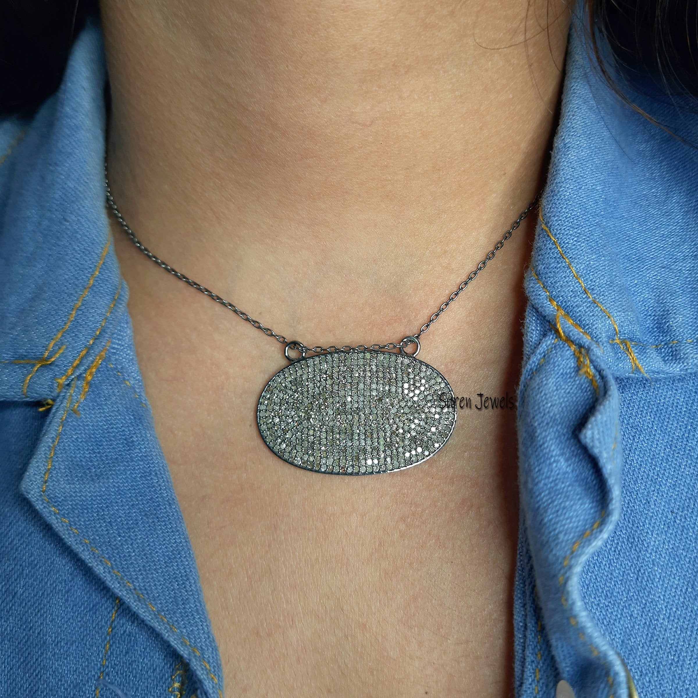 Sterling Silver Pave Diamond Oval Pendant (40x25 MM) - View 2 - Suren Jewels | SKU: SJP560-SLYGDI-G19-SLYG-18I
