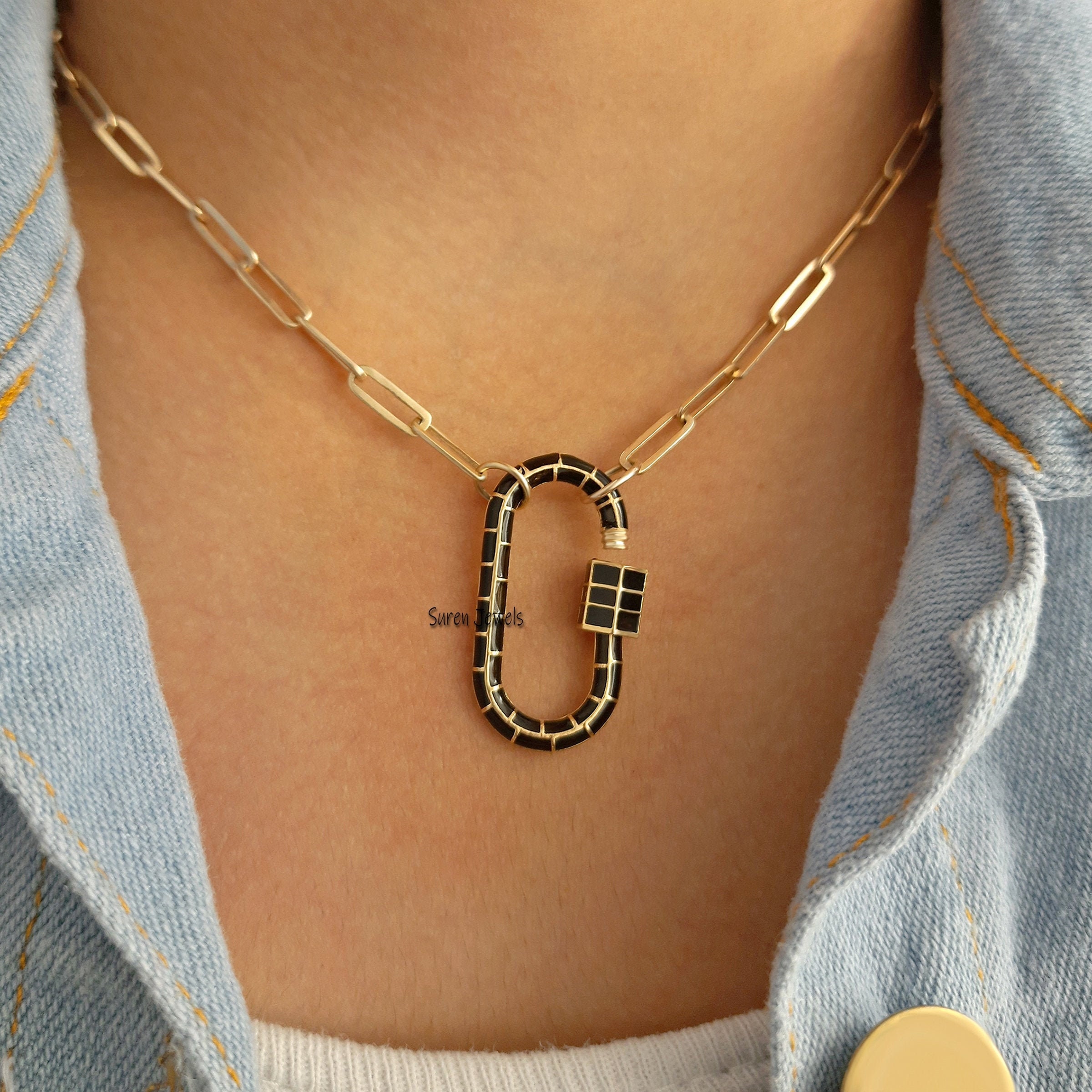 14K Solid Gold Enamel Carabiner Lock: Designer Jewelry - View 5 - Suren Jewels | SKU: SJC18-SLYGELW-30M-N24-18I-925