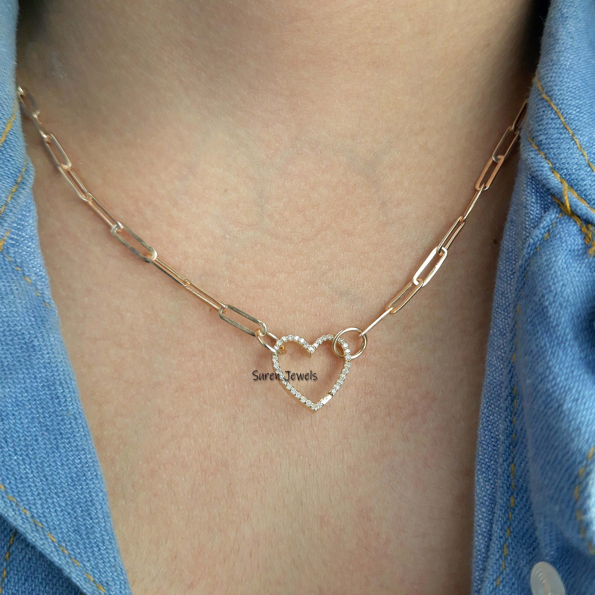 Diamond Heart Charm Enhancer: Gold Thick Link Holder - View 5 - Suren Jewels | SKU: SJP536-SLYGDI-N47-18I