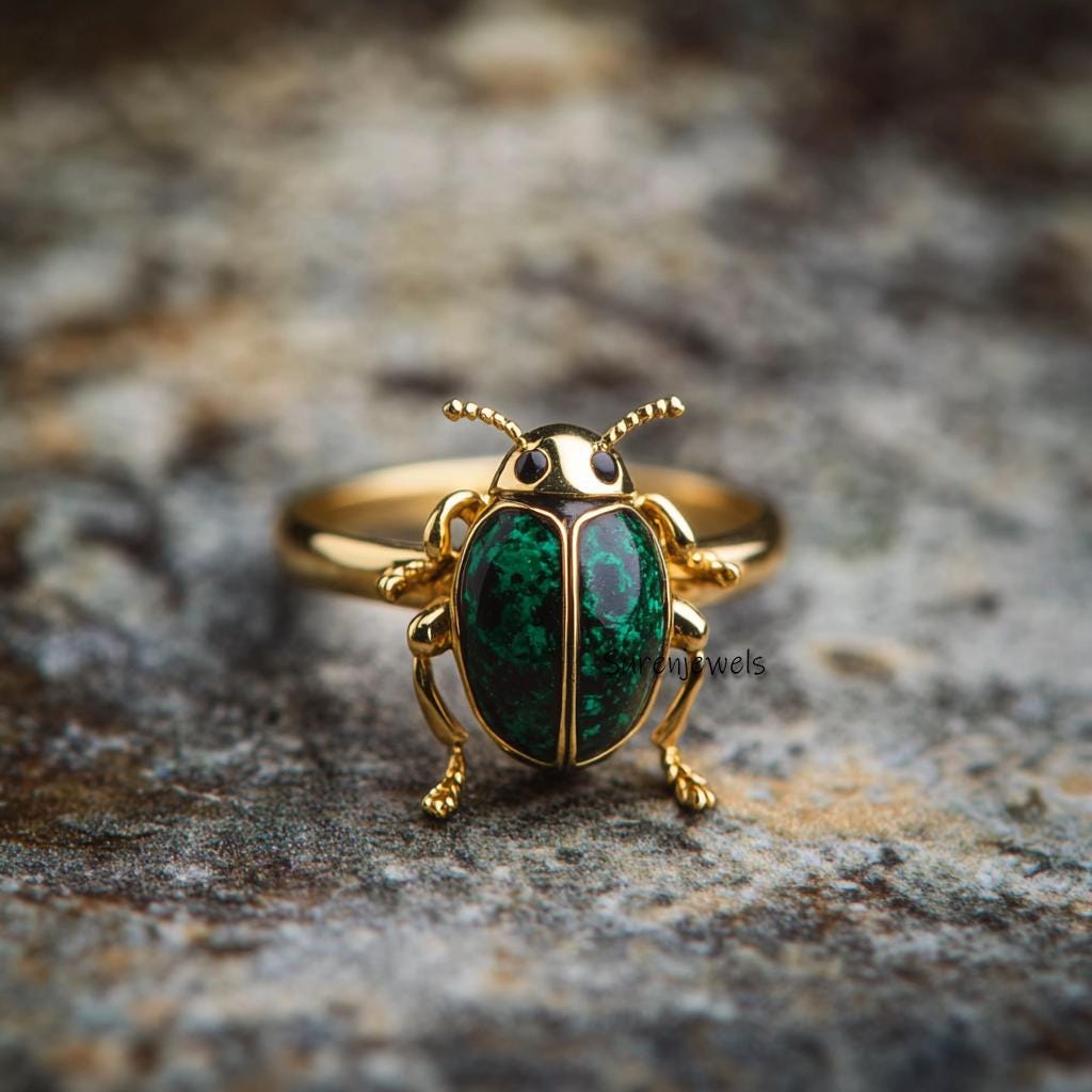 14k Gold Malachite Scarab Ring: Hand Carved Amulet - View 3 - Suren Jewels | SKU: SJR2803-SLYGMKBKCZ-US-7,SJR2809-SLNSLBBKCZ-