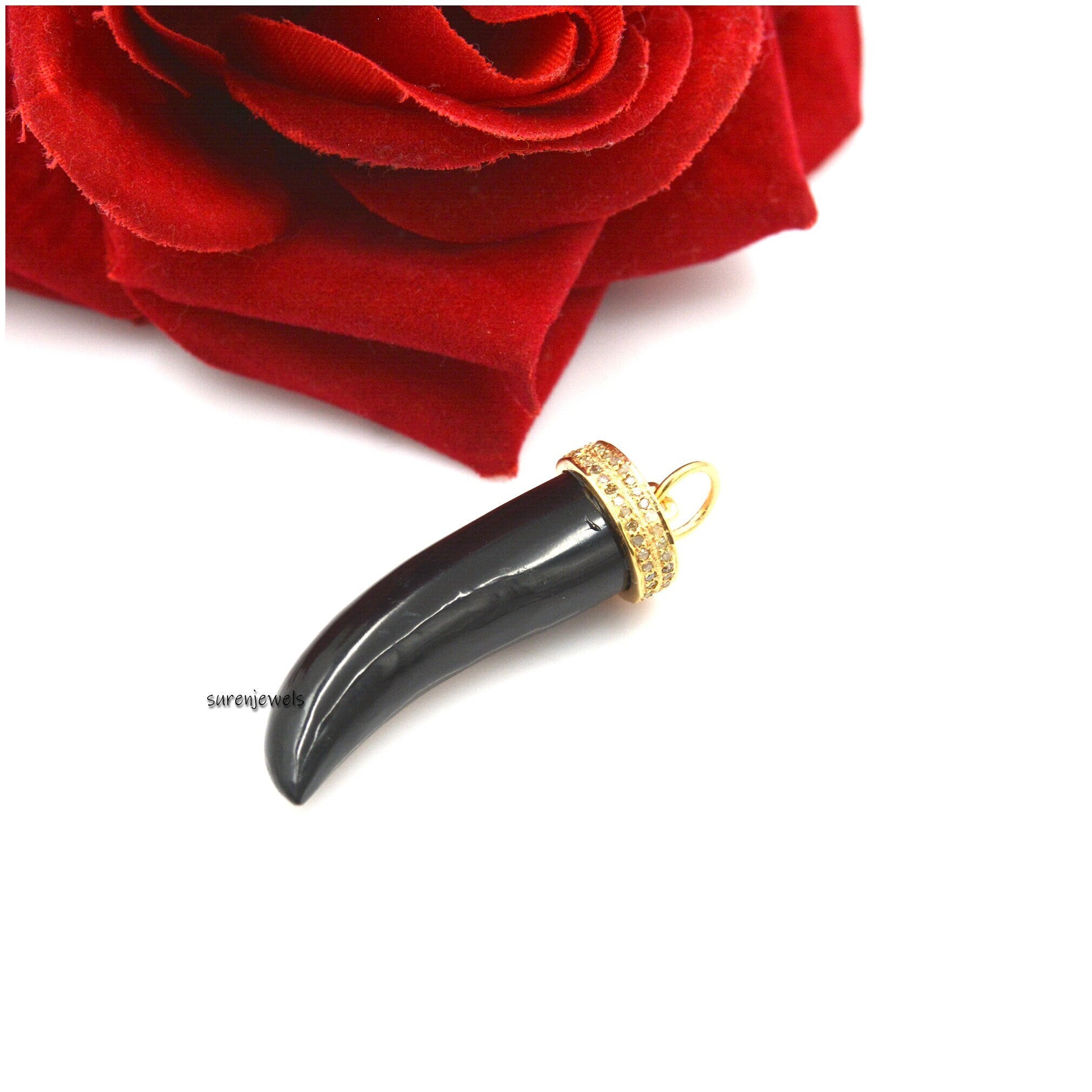 14K Gold Gemstone Horn Pendant: Handmade Italian Cornicello Charm - View 5 - Suren Jewels | SKU: SJP1330-SLYGBODI-25 M