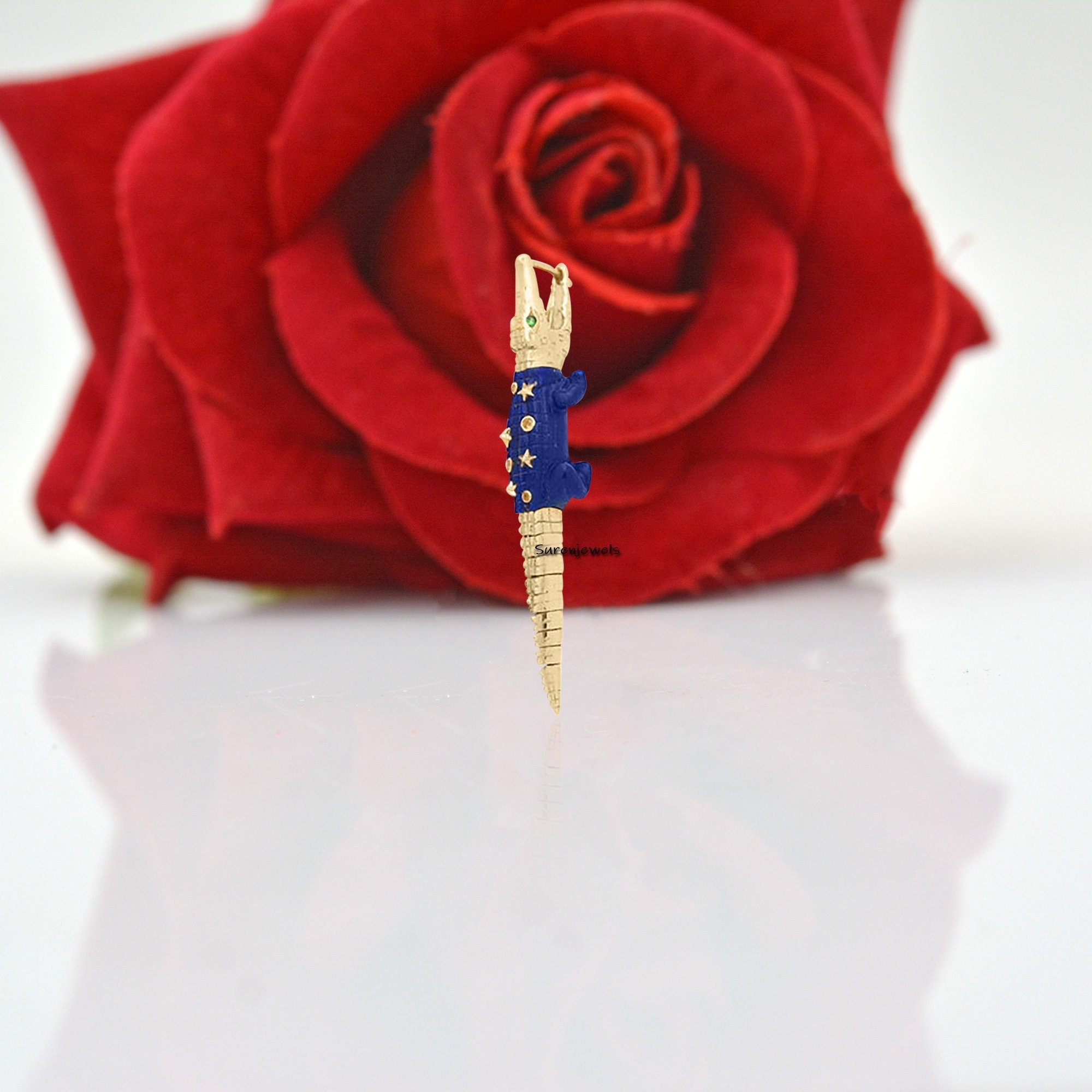 14K Gold Gemstone Crocodile Earring, Handmade Designer Alligator - View 7 - Suren Jewels | SKU: SJP1189-SLYGLPZMTCSEM