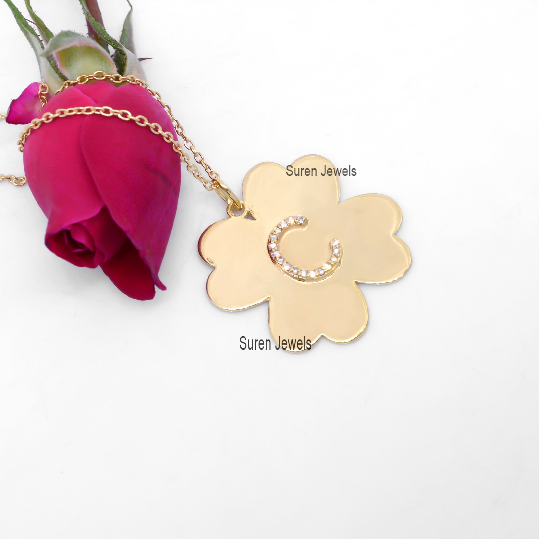 925 silver Diamond Initial Letter Clover Pendant Jewelry - View 6 - Suren Jewels | SKU: SJP11-SLWGDI-J-N47-18I-925