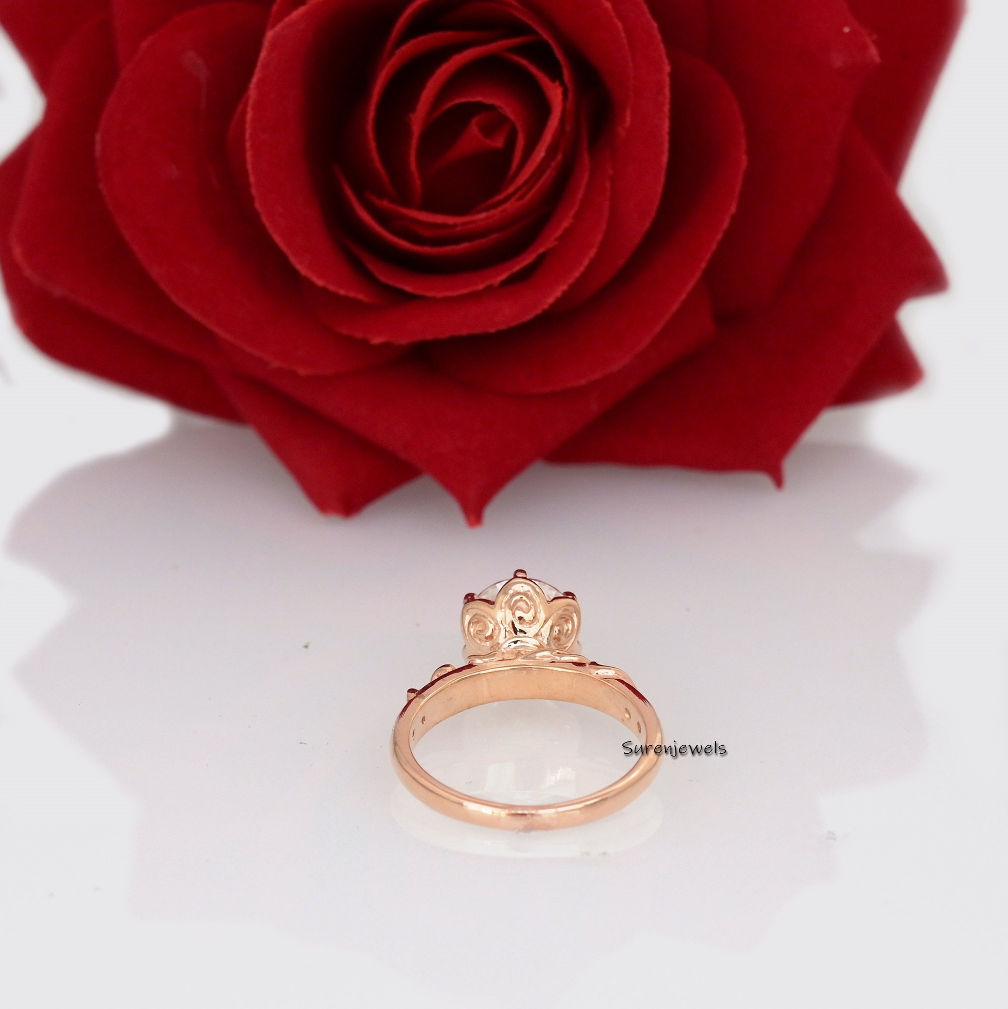 Handmade Solitaire Moissanite Engagement Ring: 14k Gold Floral Band - View 4 - Suren Jewels | SKU: SJR2537