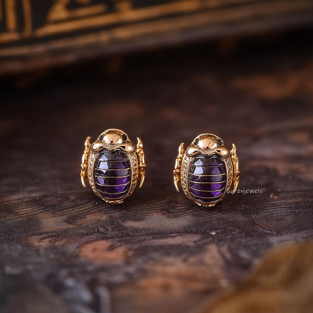 14K Gold Gemstone Scarab Studs: Hand Carved Egyptian Beetle Earrings - Suren Jewels | SKU: SJE1875-SLYGGT-10M,SJE1874-SLYGTE-