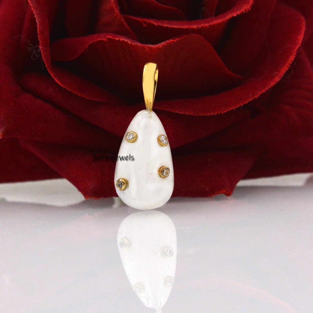 14K Gold Moonstone Drop Pendant: Gemstone Teardrop Necklace - View 2 - Suren Jewels | SKU: SJP1112-SLYGMSWT