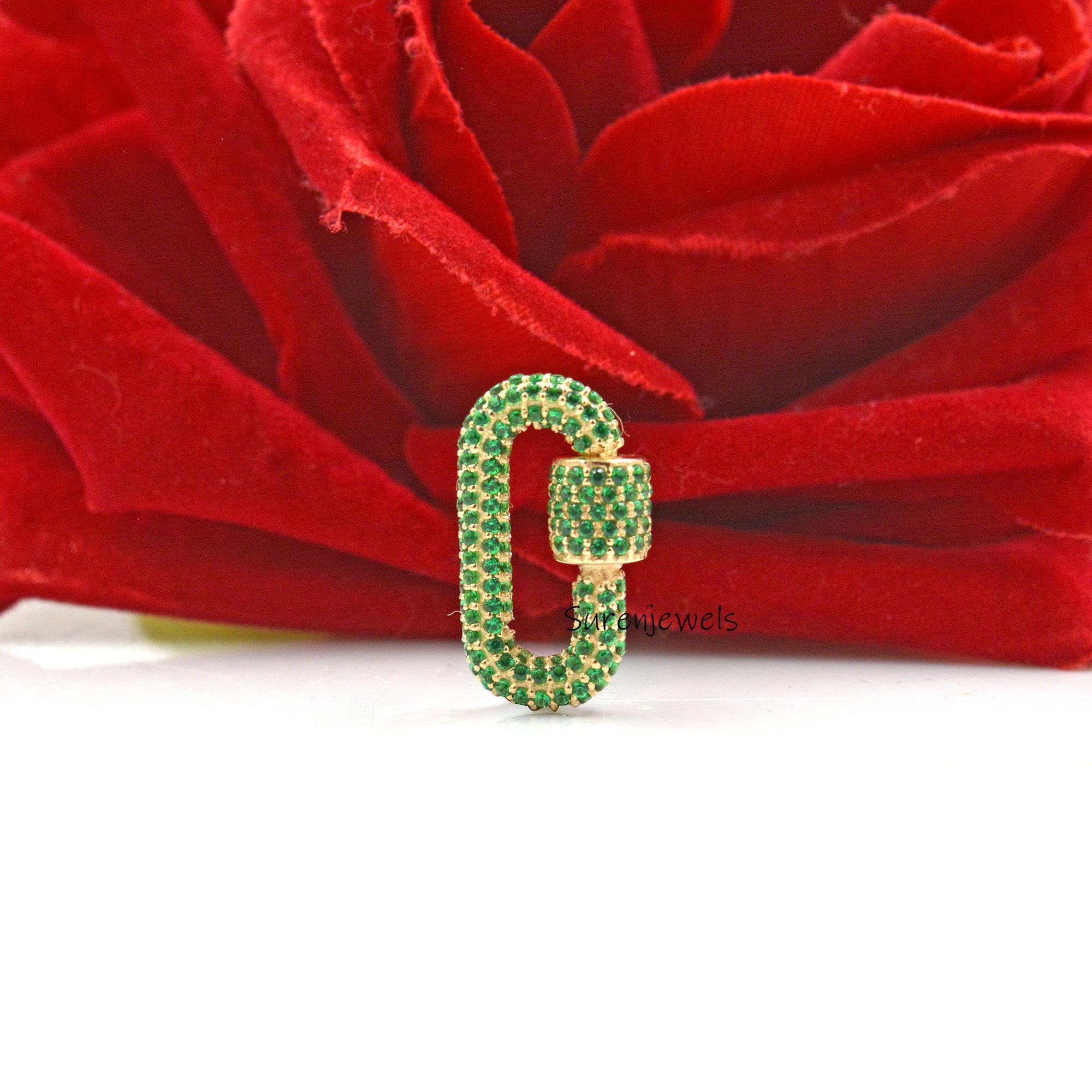 14K Gold Diamond Carabiner Lock Pendant: Full Pave Oval Charm - Suren Jewels | SKU: SJC10-14KRGDI-19M