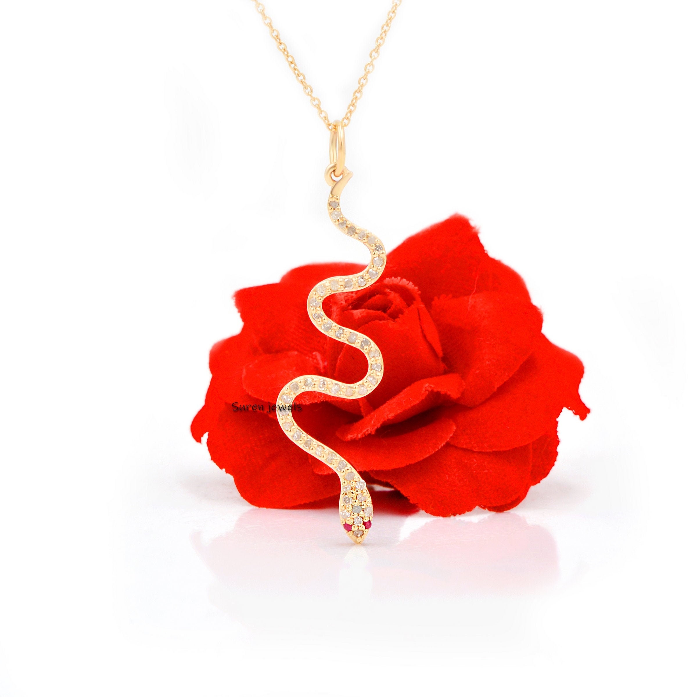 14k Yellow Gold Diamond & Ruby Snake Pendant - Suren Jewels | SKU: SJP64-14KYGDIRU