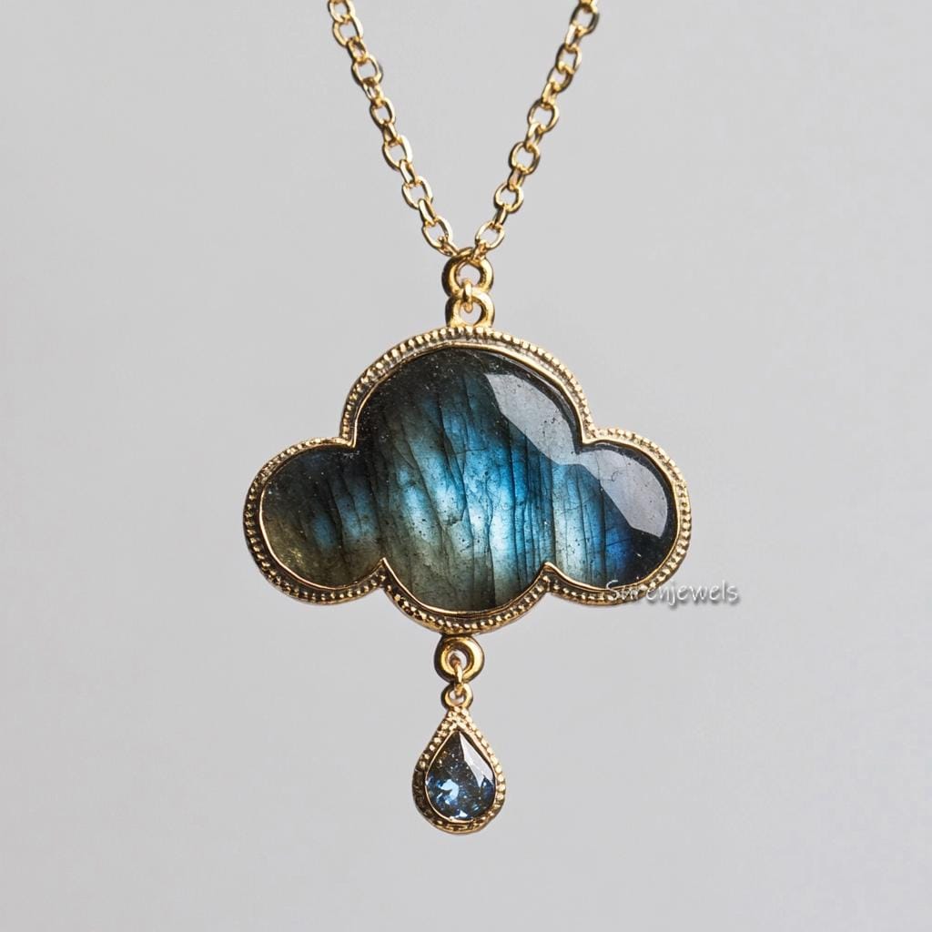 14K Gold Cloud Pendant: Star Moon Gemstone Necklace - View 4 - Suren Jewels | SKU: SJP5346-SLYGMSCZ-30M,SJP5023,SJP,SJP4740-S