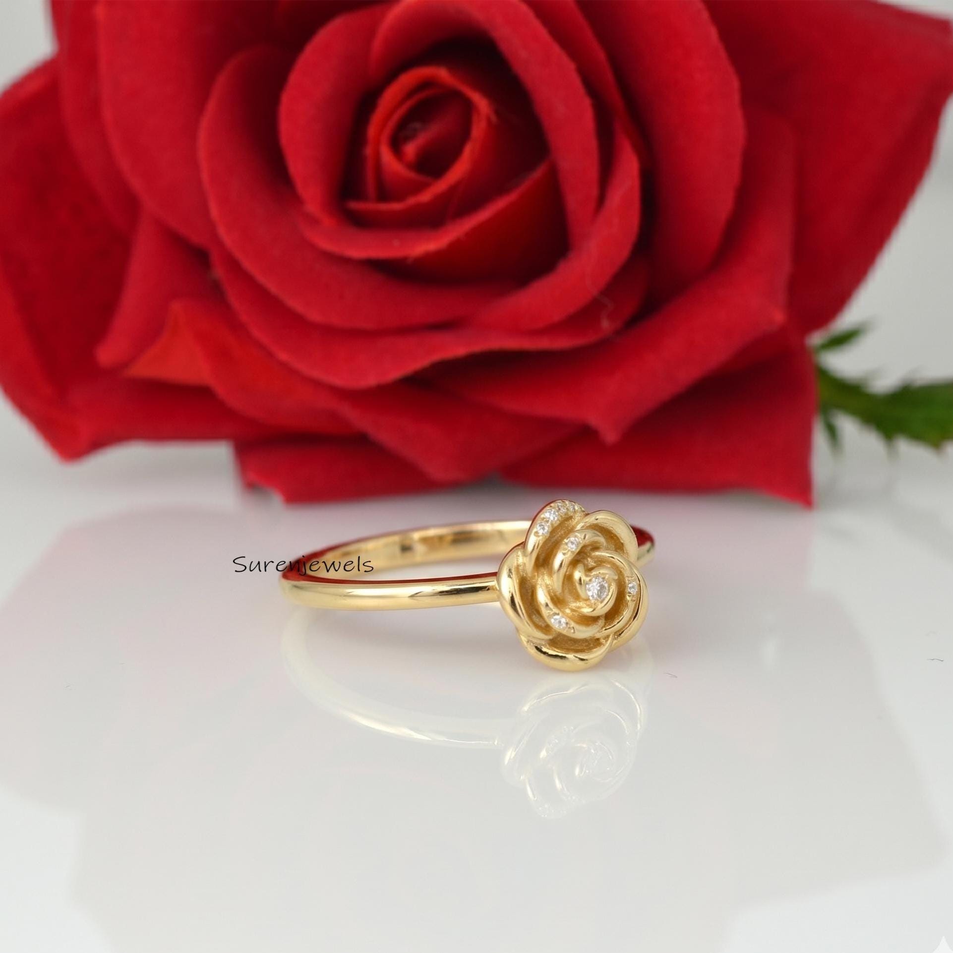 14k Gold Rose Ring, Gold Flower Ring, Yellow Gold Rose Ring, Minimalist Rose Ring, Rose Flower Jewelry, Dainty Gold Rose Ring
