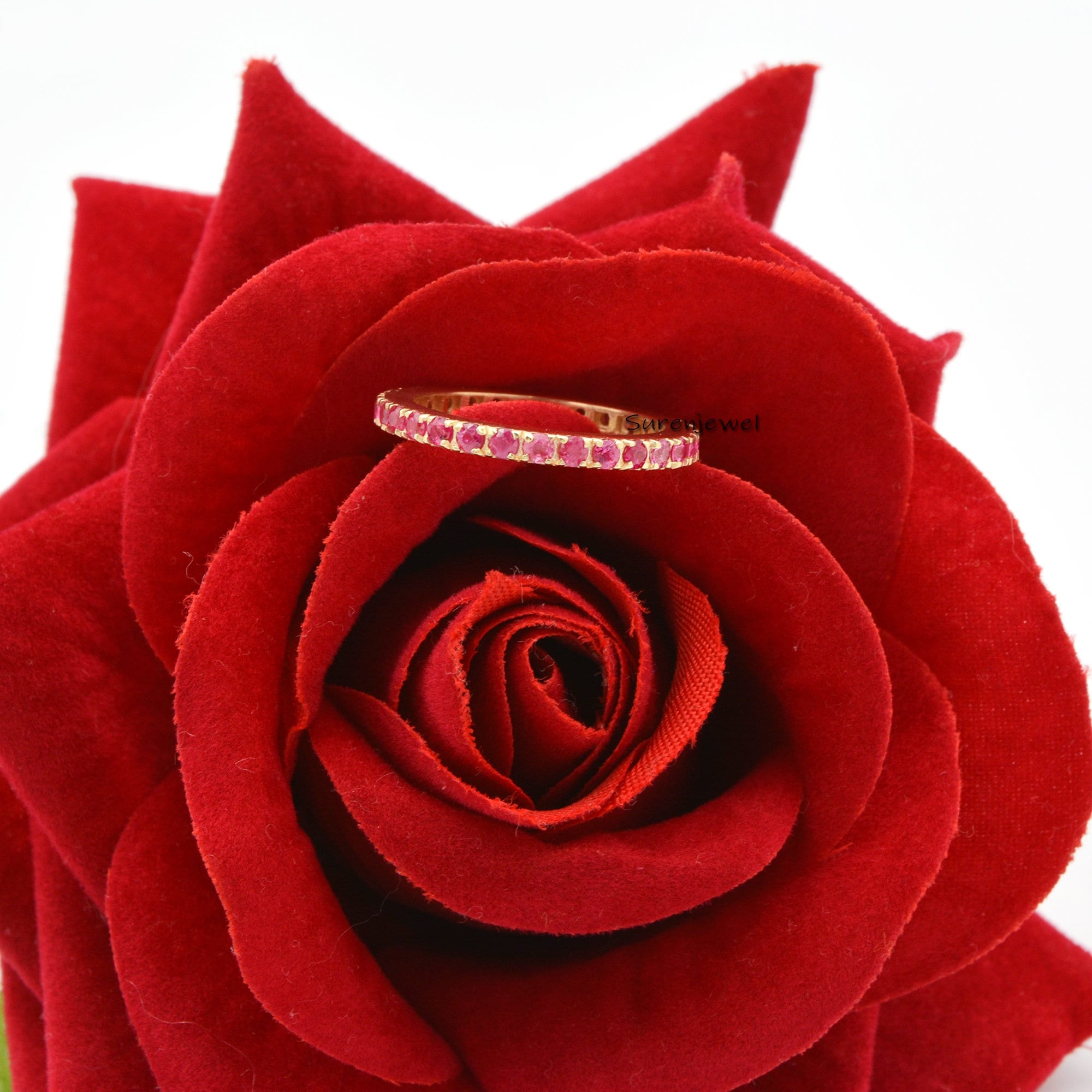 14K Yellow Gold Ruby Wedding Band: Dainty Stacking Ring - View 2 - Suren Jewels | SKU: SJR380-14KYGPSP