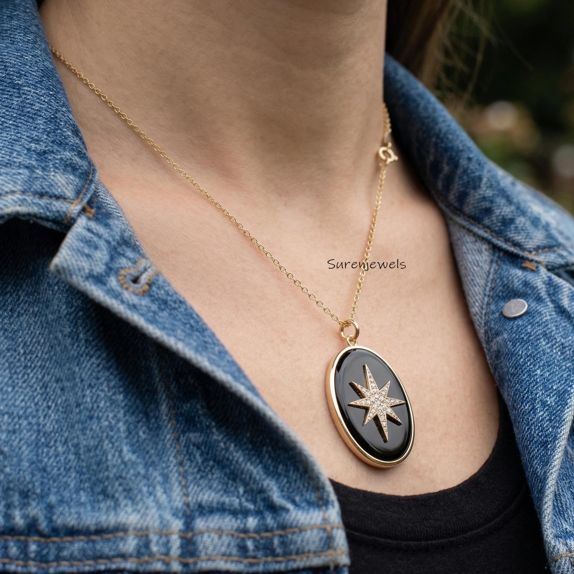 Celestial Black Onyx Pendant, Gold Starburst Necklace, Celestial Jewelry, Modern Locket, Dainty Gold Chain, Witchy Aesthetic