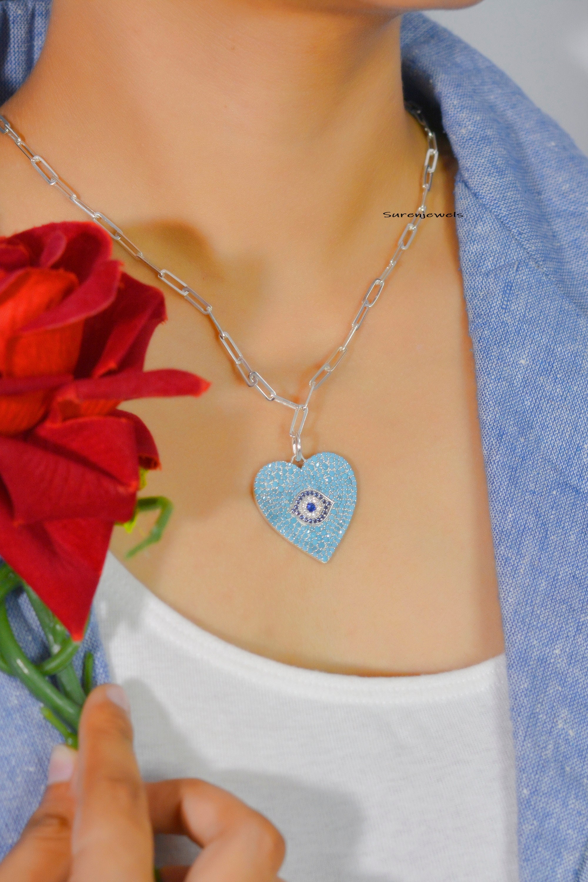 Handmade Turquoise Heart Evil Eye Pendant Necklace: 925 Silver - View 2 - Suren Jewels | SKU: SJN669-SLWGTQBSPCZ-18l