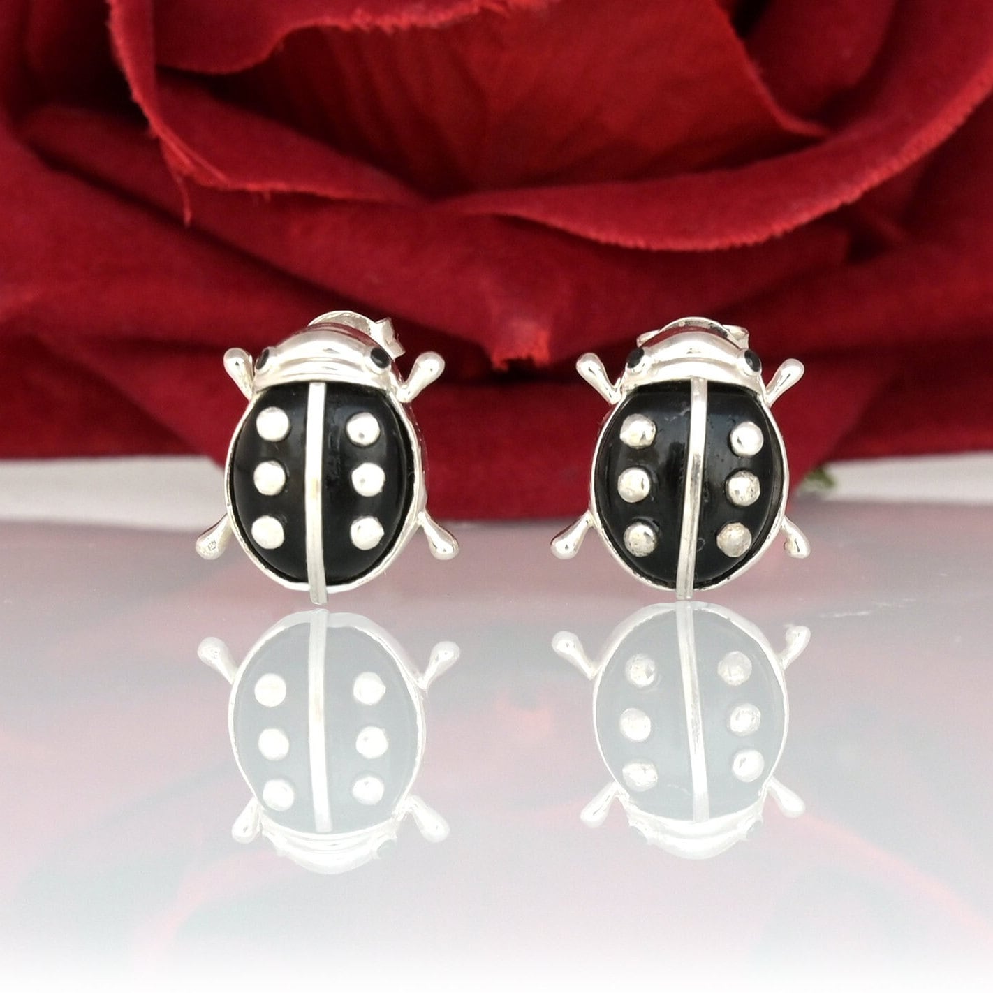 14k Gold Ladybug Stud Earrings: Hand Carved Gemstone Scarab - View 2 - Suren Jewels | SKU: SJE1348-14KYG