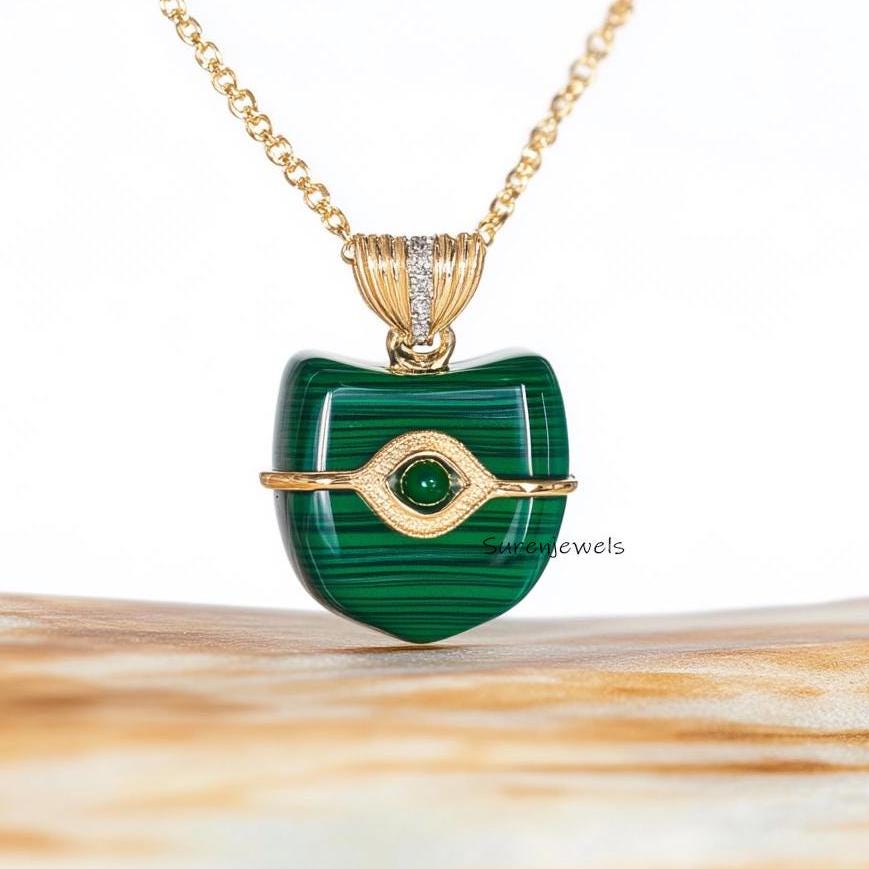 925 Silver Gemstone Shield Pendant: Lapis, Turquoise, Malachite (30mm) - View 2 - Suren Jewels | SKU: SJP3536-SLYGLPZCZ-30M