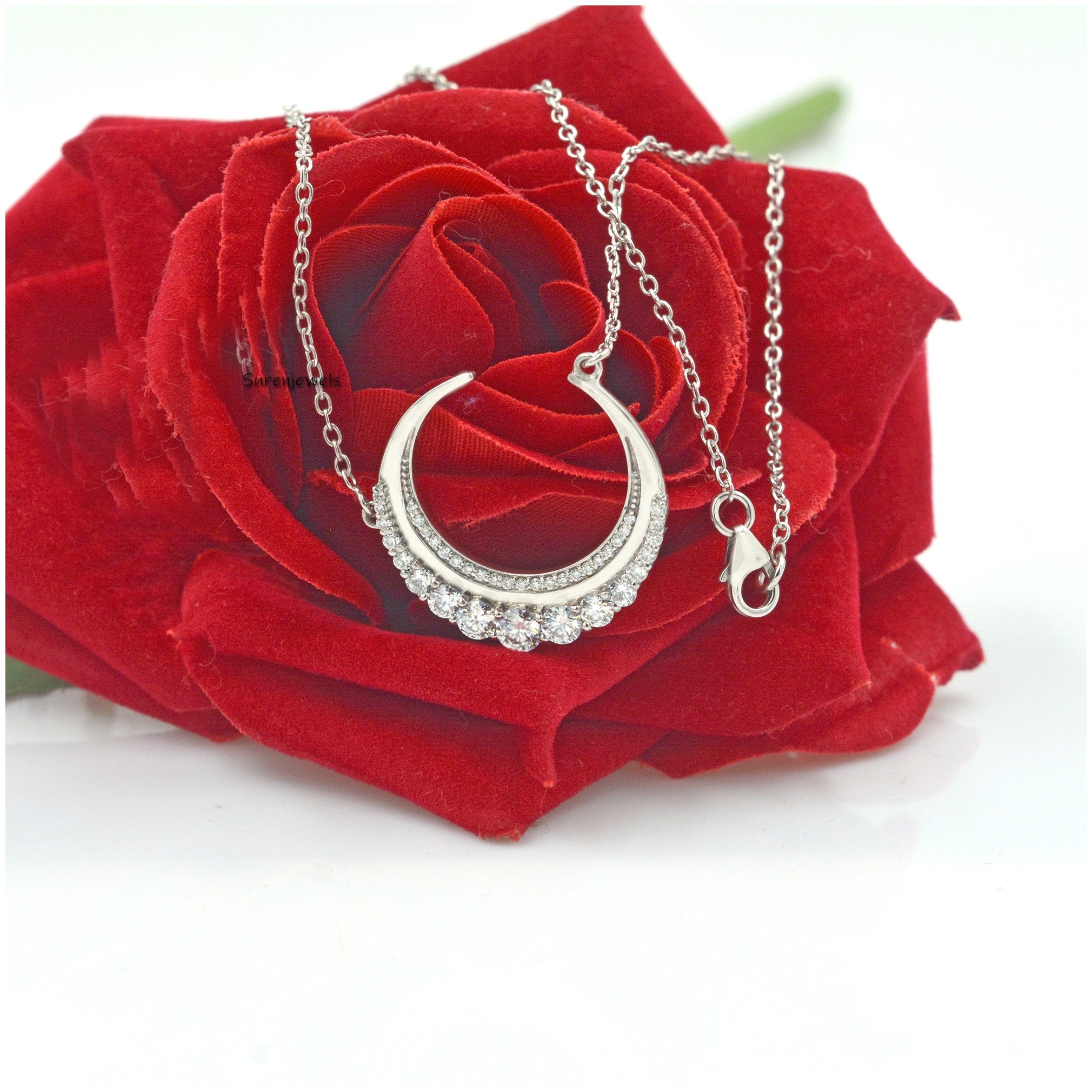 925 Silver Moissanite Crescent Moon Pendant Necklace (30mm) - Suren Jewels | SKU: SJN677-SLWGMN-16I