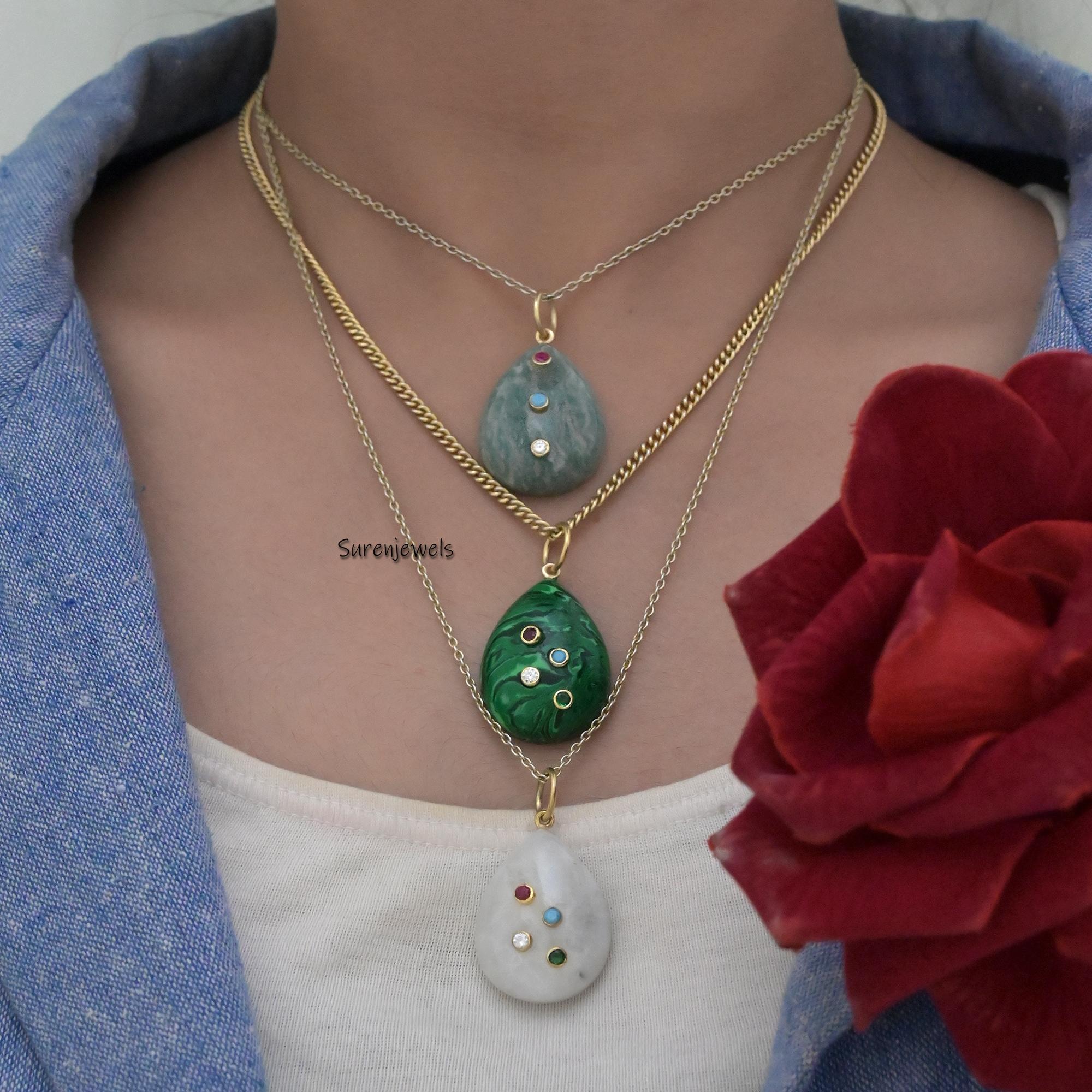 14k Gold Malachite Teardrop Pendant: Carved Gemstone Charm - View 2 - Suren Jewels | SKU: SJP,SJP3515-SLYGMSMG-25M,SJP3522-SL