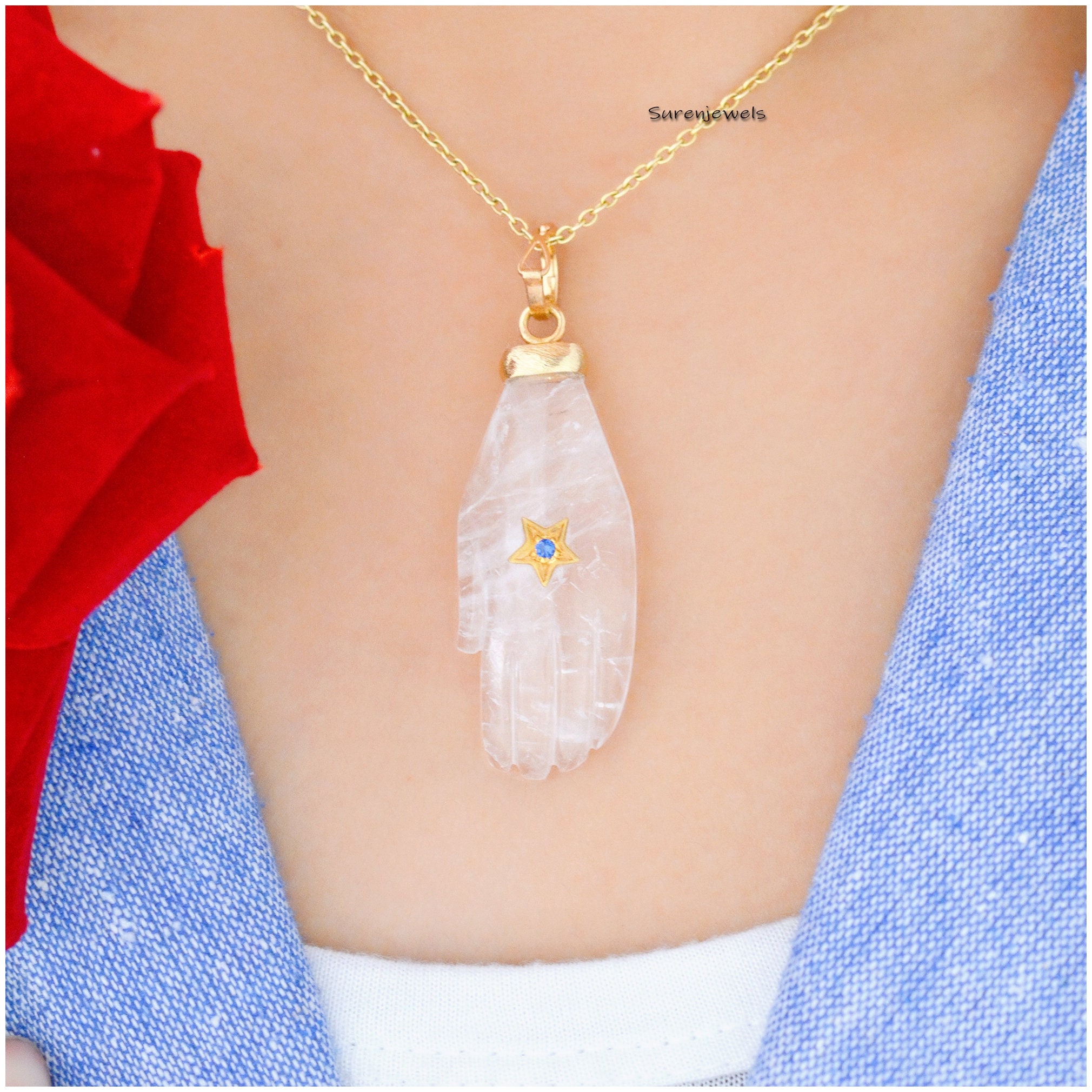 14K Gold Turquoise Figa Hand Pendant: Gemstone Hamsa Charm - View 3 - Suren Jewels | SKU: SJP1059-SLNSBOWT-25M