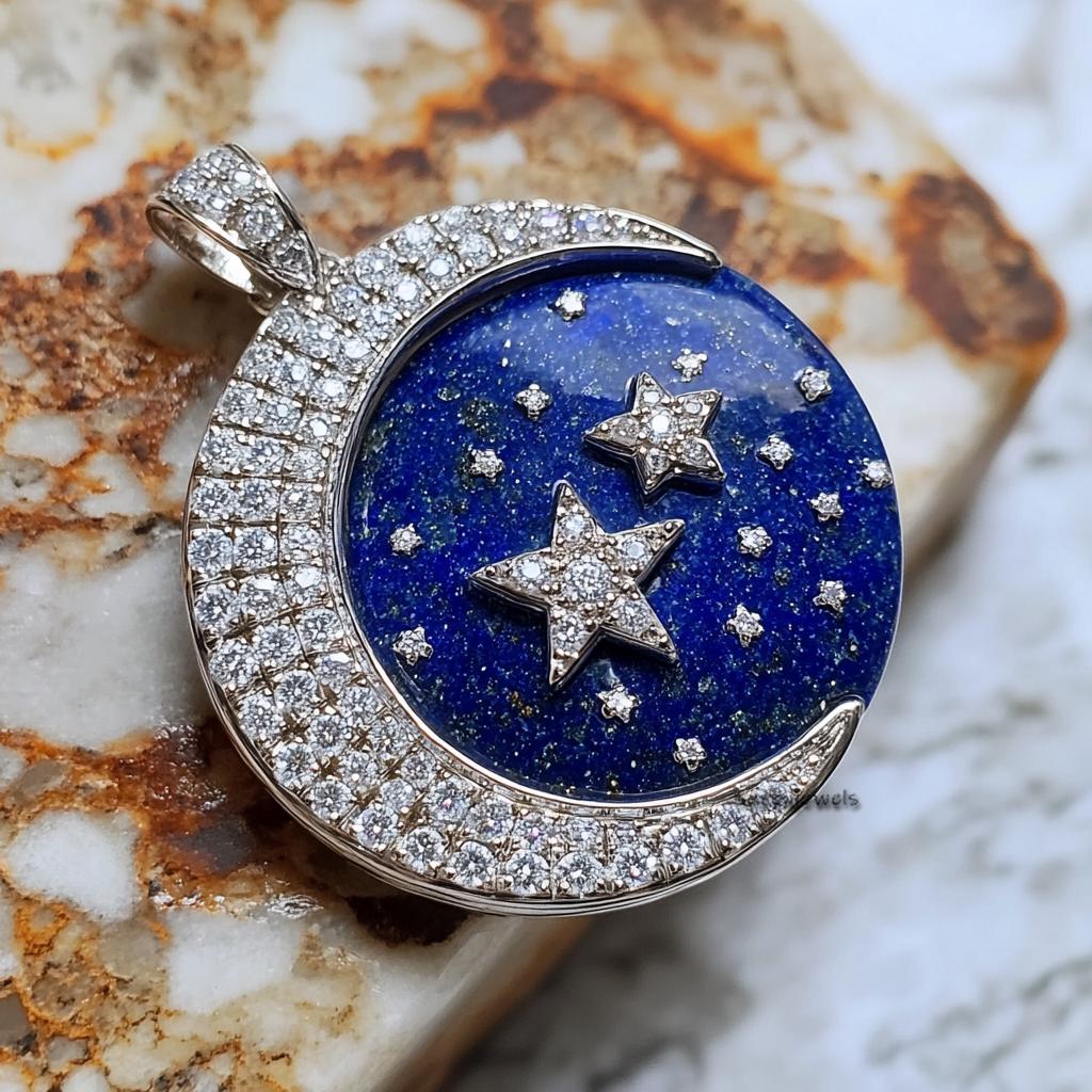 Lapis Lazuli Star Moon Pendant: Moissanite 925 Silver Disc - View 7 - Suren Jewels | SKU: SJP2446-SLYGDITQ-20M