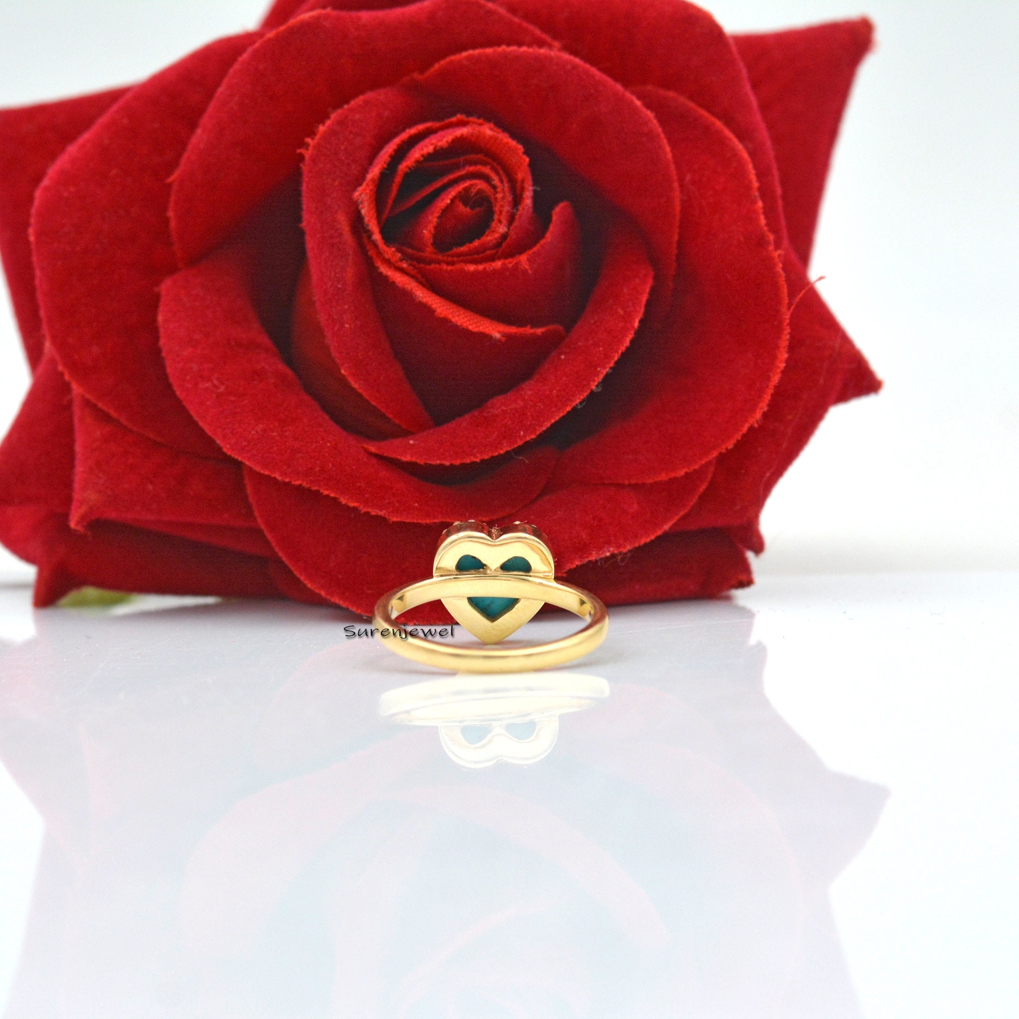 14K Gold Turquoise Heart Ring with Diamond Side Stone - View 3 - Suren Jewels | SKU: SJR838-SLYGDITQ-US-9