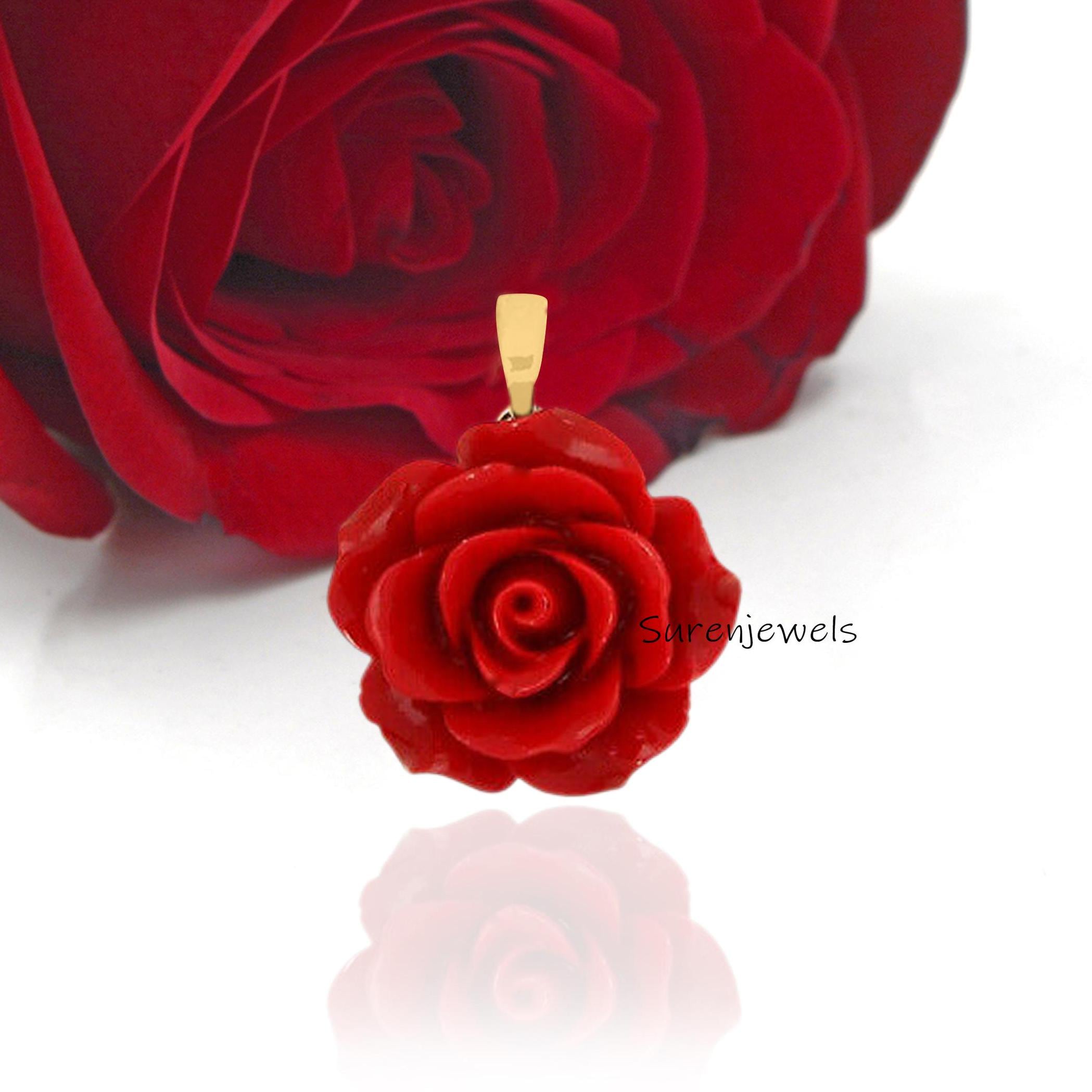 14K Gold Coral Rose Pendant: Handmade Gemstone Flower Charm - Suren Jewels | SKU: SJP5259-SLYGRCR-30M