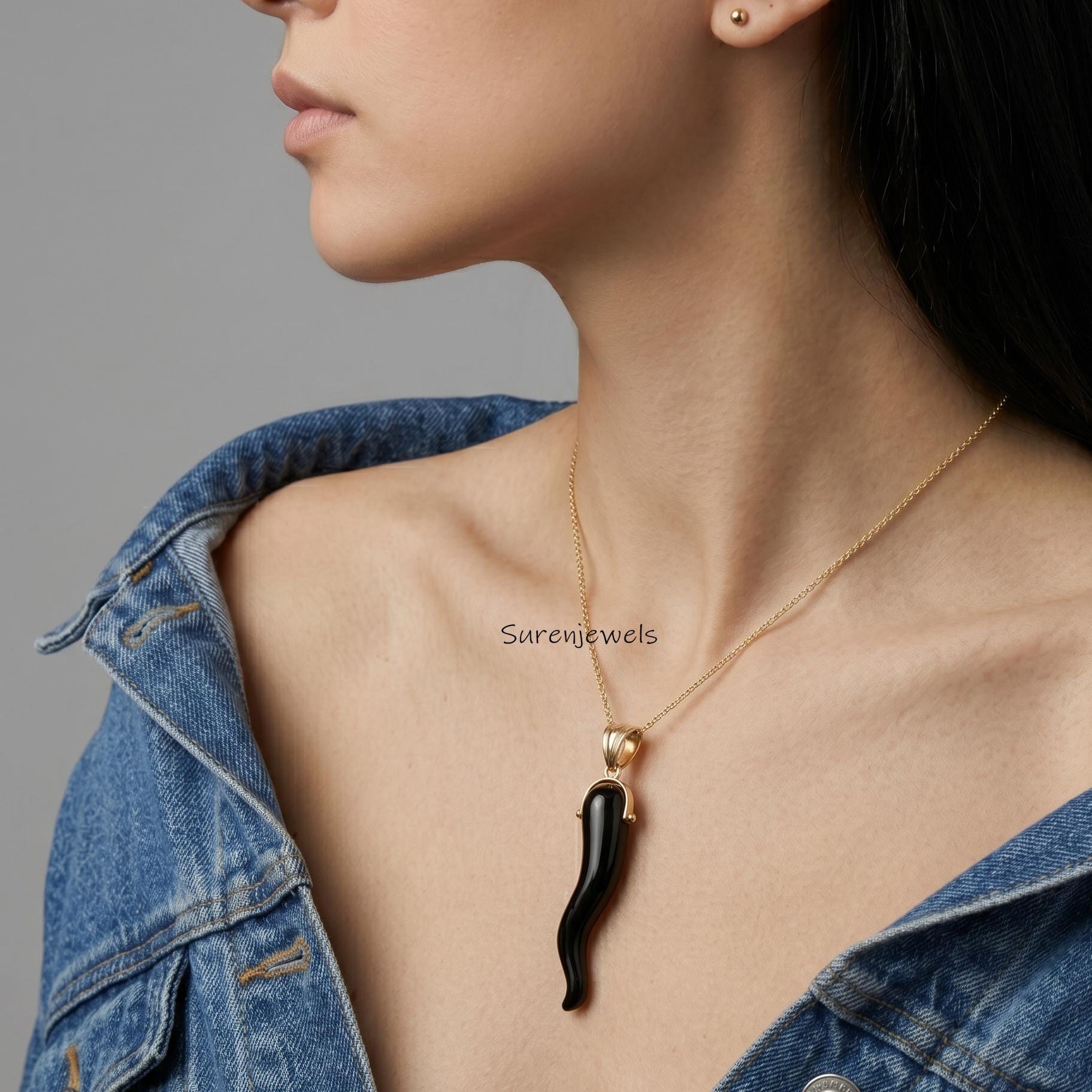 14K Gold Gemstone Horn Pendant, Tibetan Buffalo Horn Pendant, Handmade Designer Horn Pendant, Gemstone Italian Horn Pendant