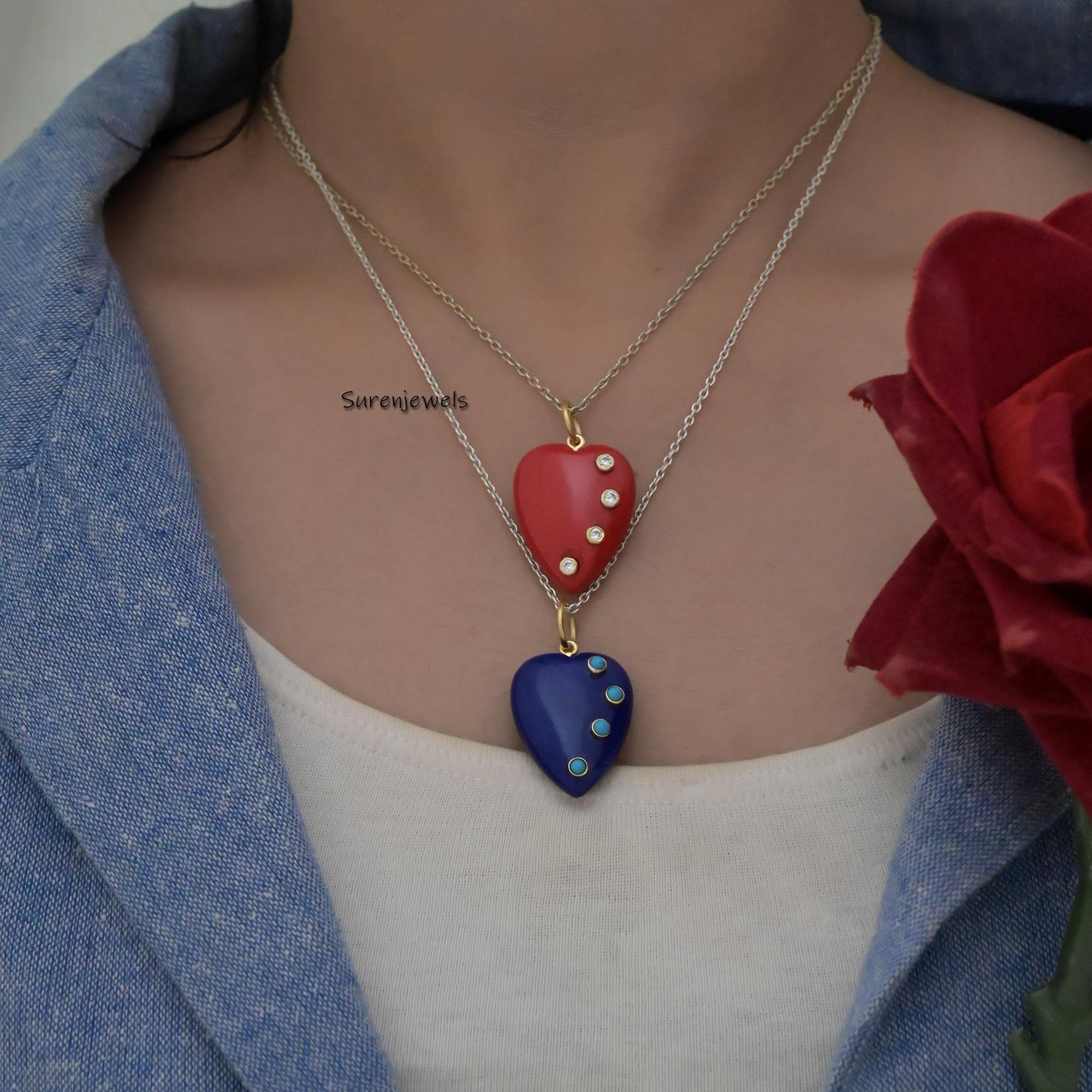 14K Gold Gemstone Heart Pendant: Turquoise, Opal, Coral, Malachite - View 4 - Suren Jewels | SKU: SJP3029-SLYGAM