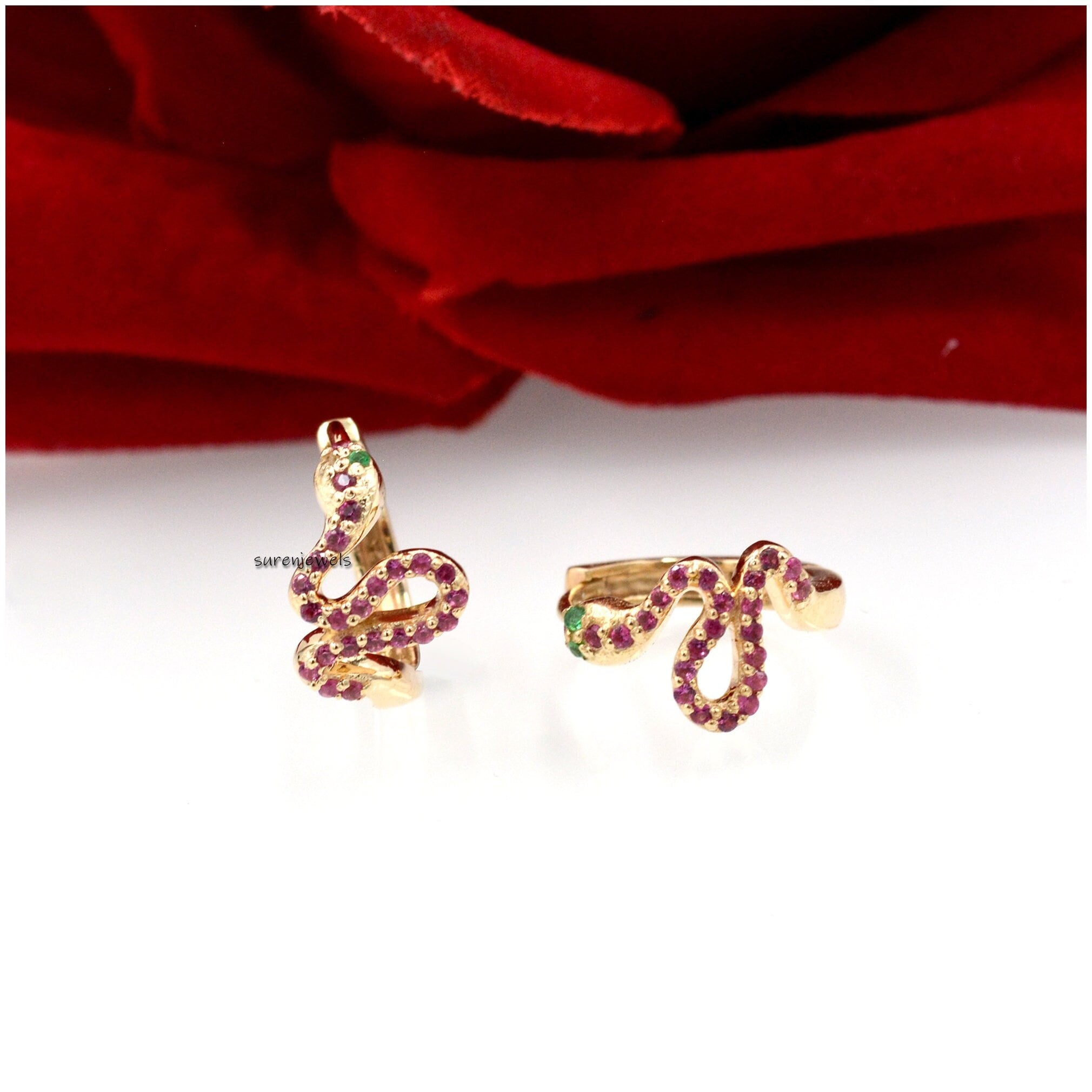 925 Silver Snake Huggies: Diamond & Emerald Gemstone Hoops - Suren Jewels | SKU: SJE998-9KYGCZEM-15M